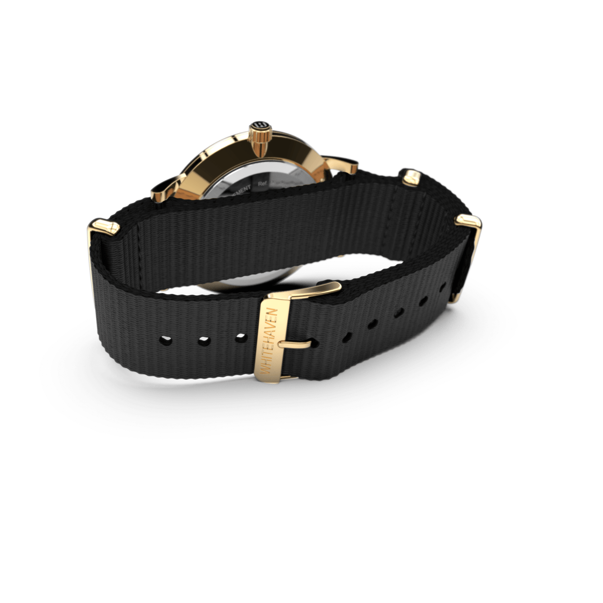 Vue arrière de la montre Diamantina avec boucle gravée Whitehaven et bracelet NATO noir – finition or jaune