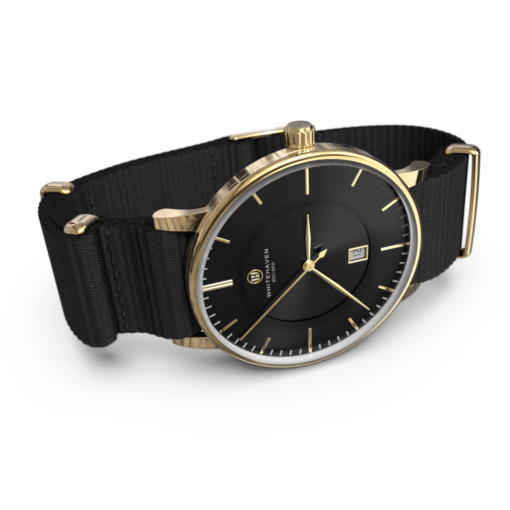 Montre Diamantina vue de profil avec boîtier or jaune, cadran noir et bracelet NATO – design contemporain