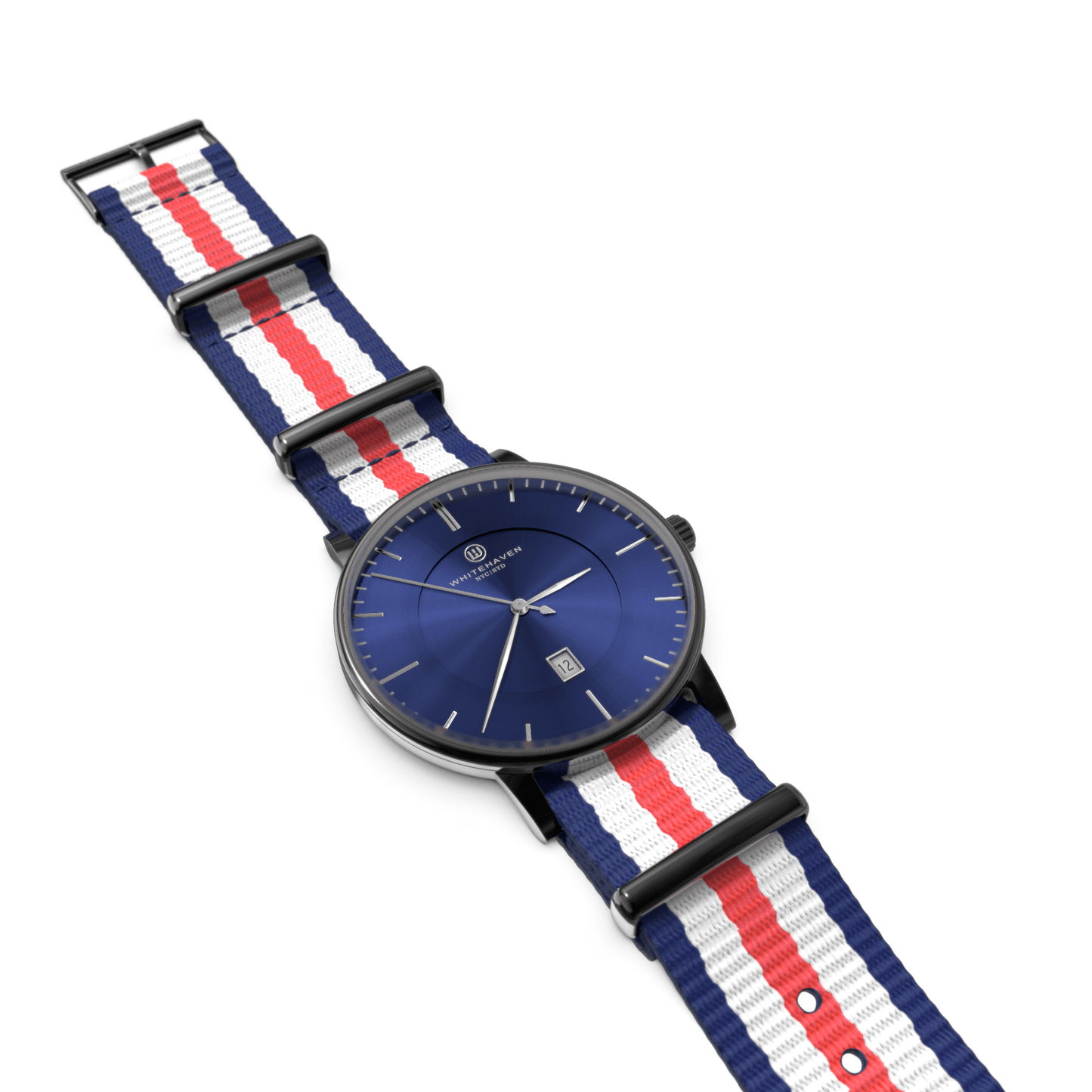 Montre Dubbo posée à plat, cadran bleu foncé et bracelet NATO tricolore – élégance moderne