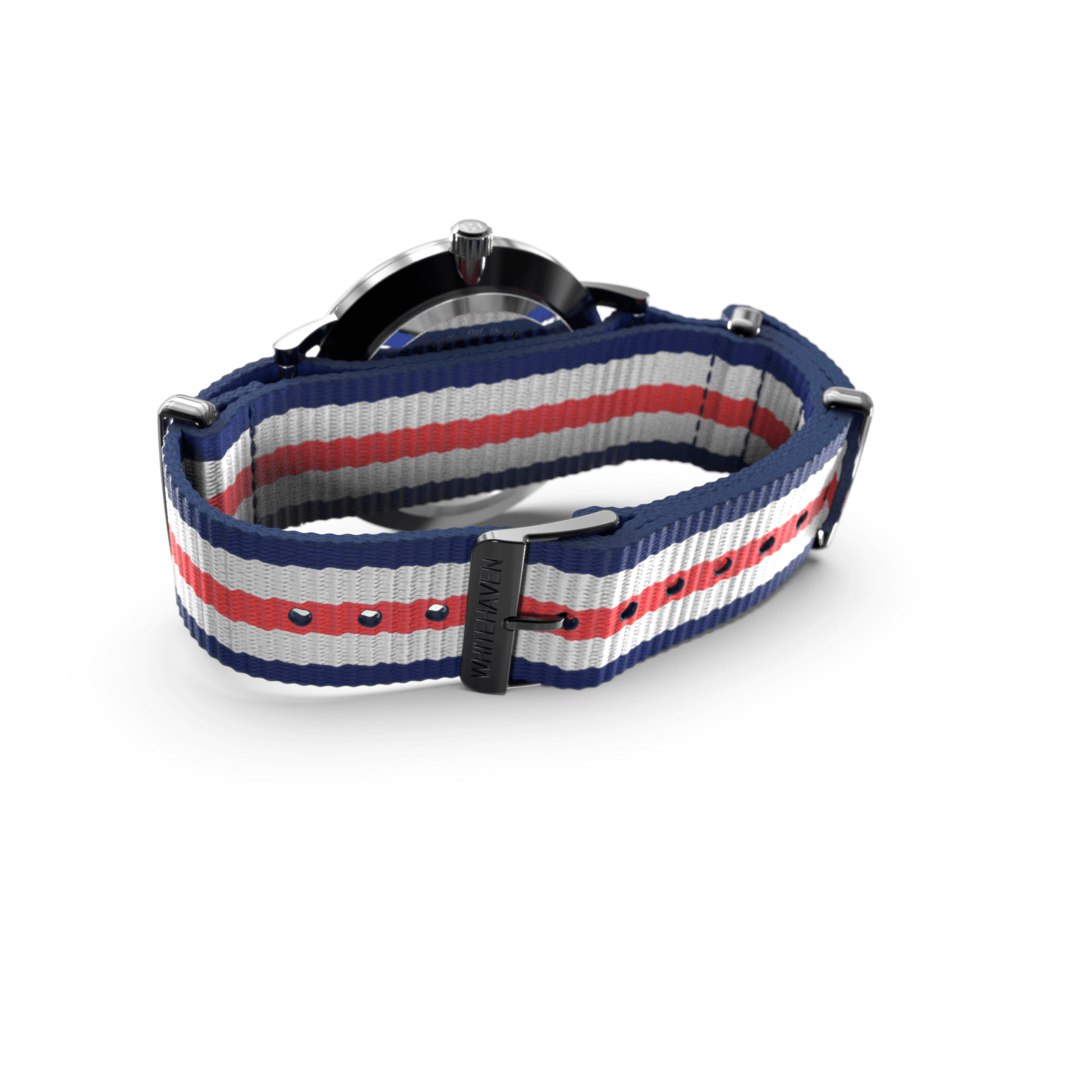 Vue arrière de la montre Dubbo avec boucle noire gravée Whitehaven et bracelet NATO tricolore