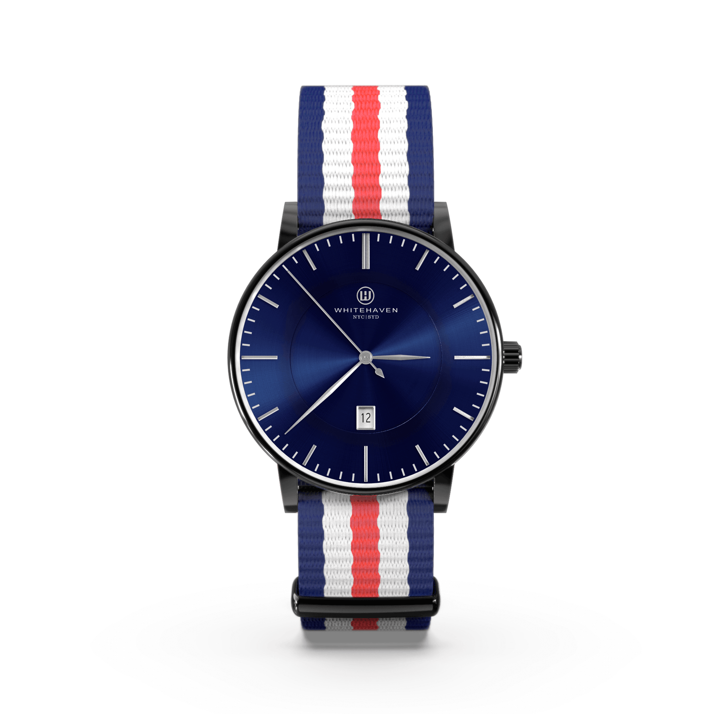 Montre Dubbo Whitehaven avec cadran bleu foncé, boîtier finition noir et bracelet NATO tricolore – vue de face