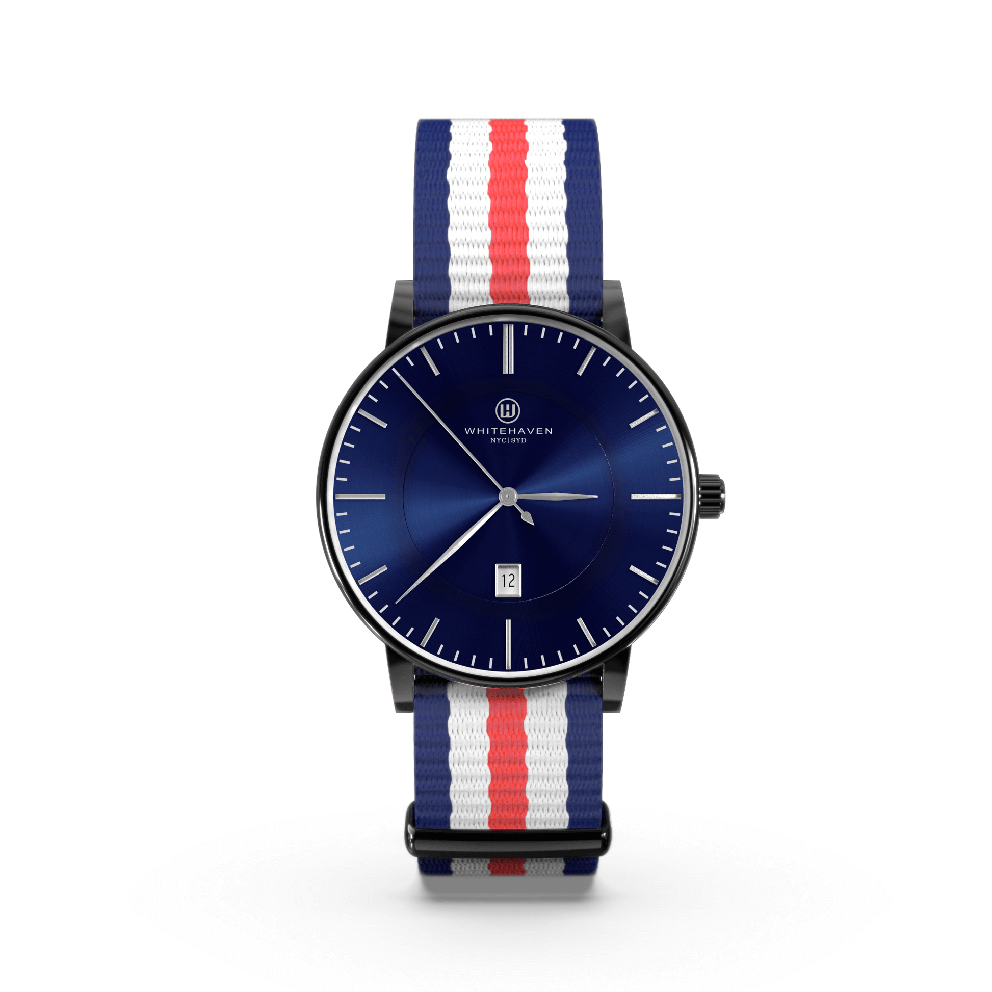 Montre Dubbo Whitehaven avec cadran bleu foncé, boîtier finition noir et bracelet NATO tricolore – vue de face