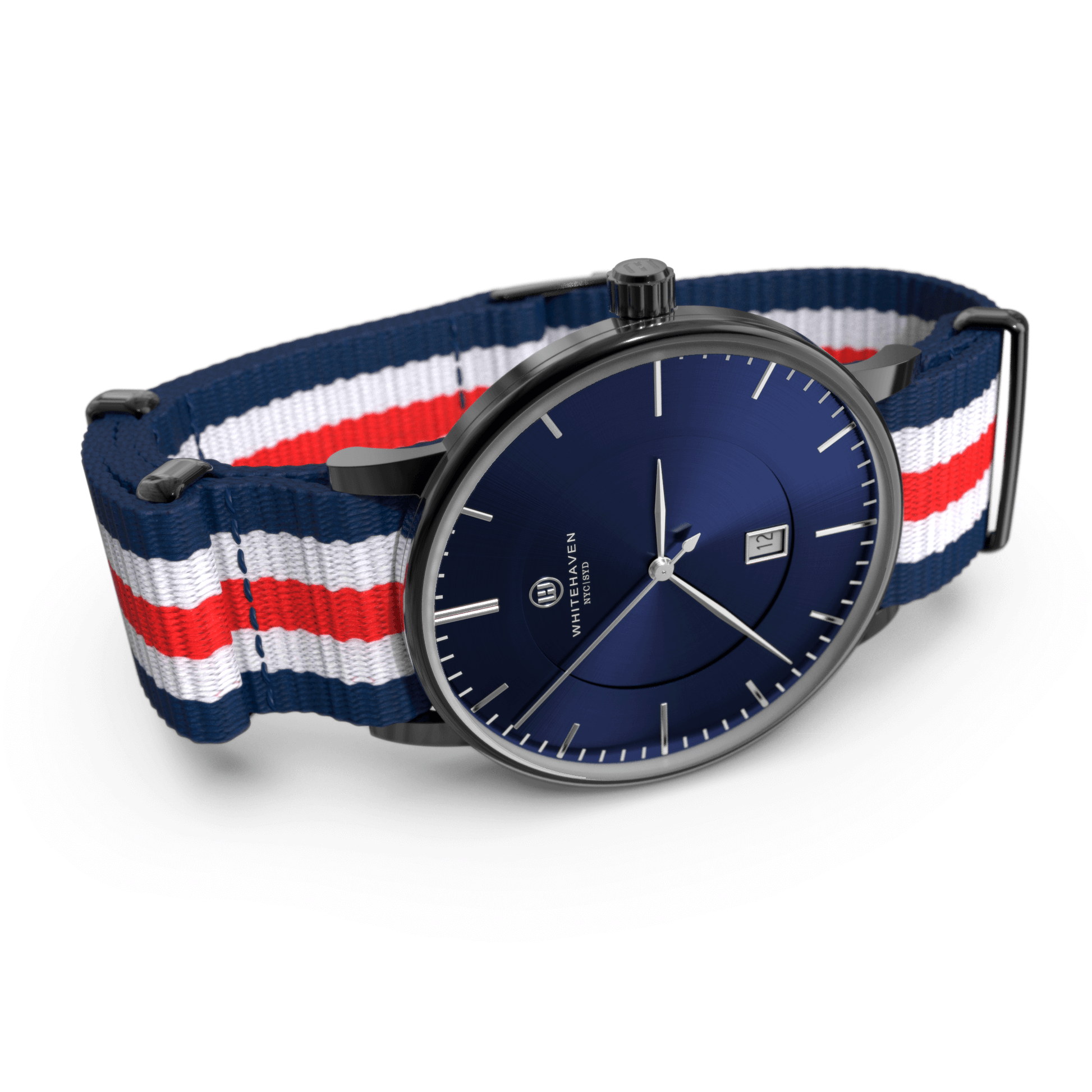 Montre Dubbo vue de profil avec boîtier finition noir, cadran bleu foncé et bracelet NATO tricolore – style audacieux