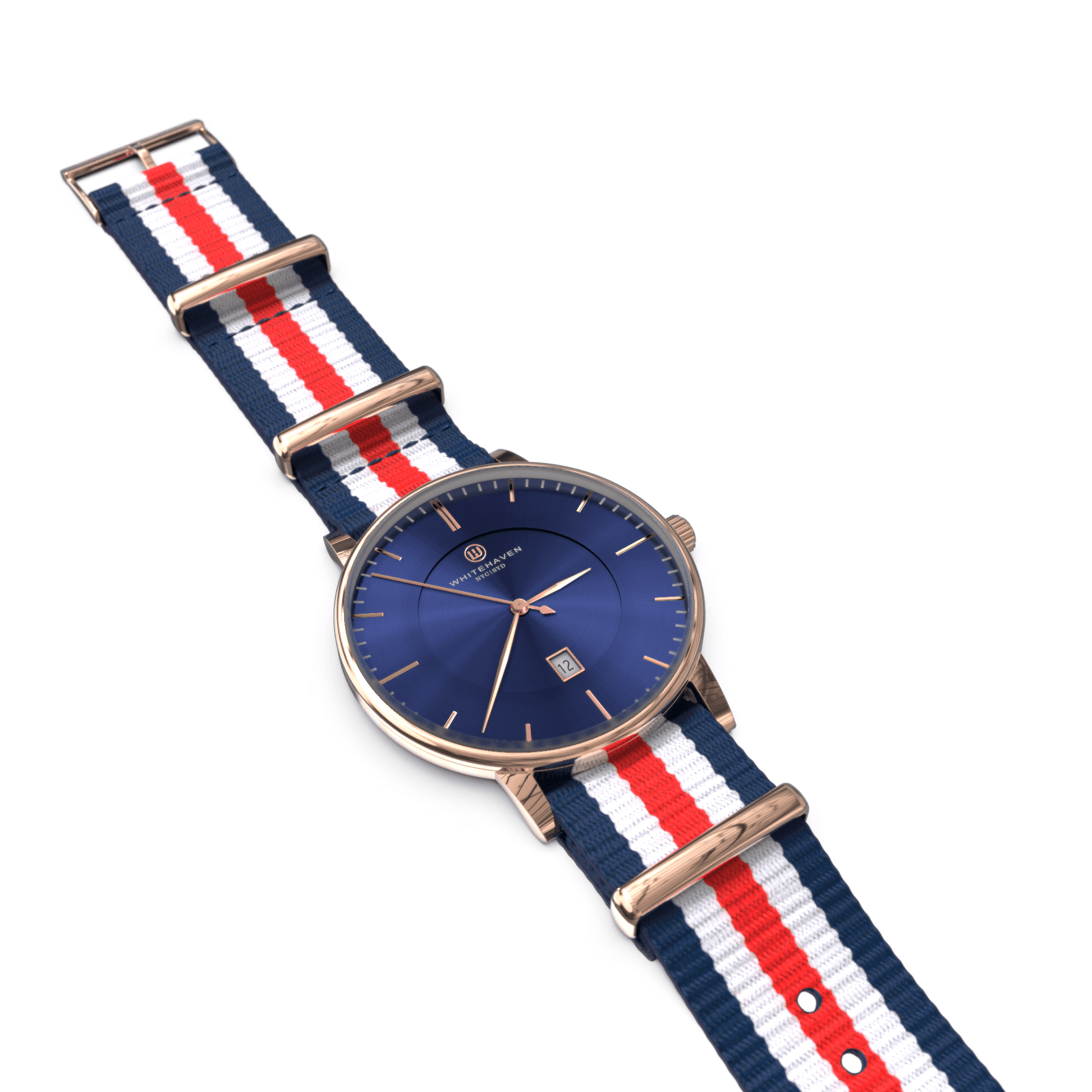 Montre Dubbo posée à plat, cadran bleu foncé et bracelet NATO tricolore – élégance sportive