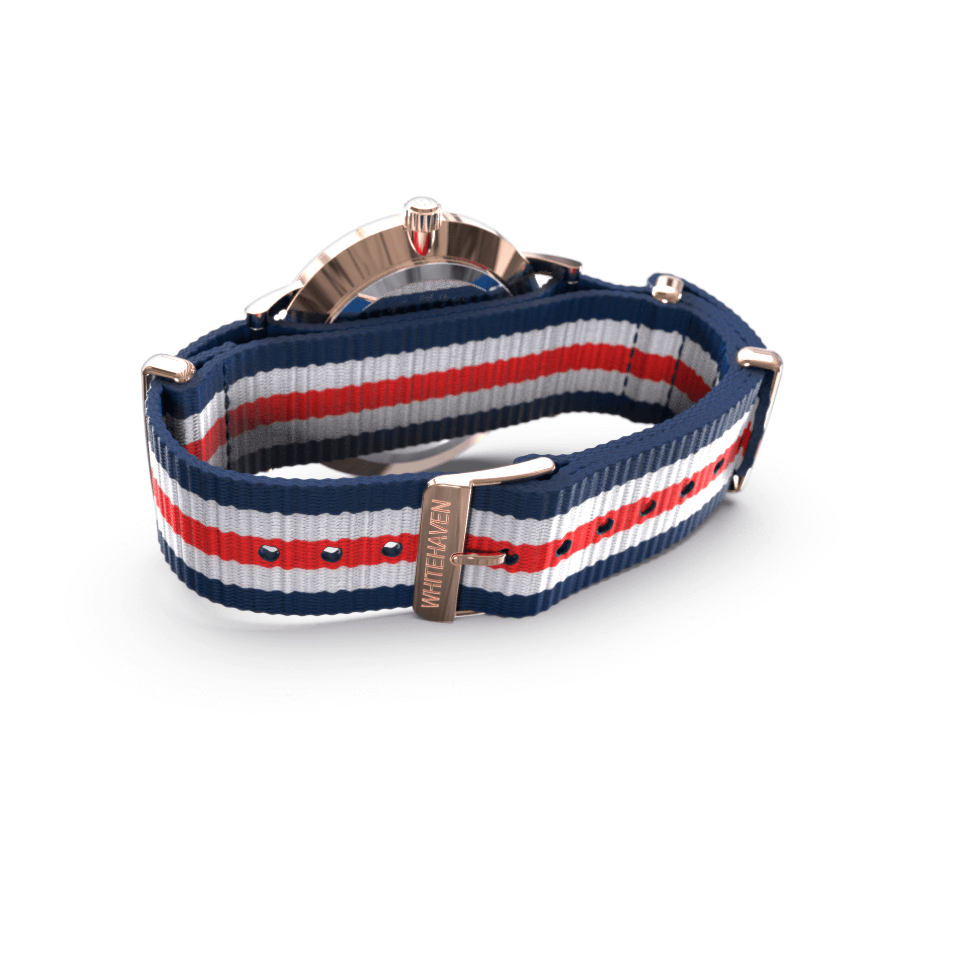 Vue arrière de la montre Dubbo avec boucle gravée Whitehaven et bracelet NATO tricolore