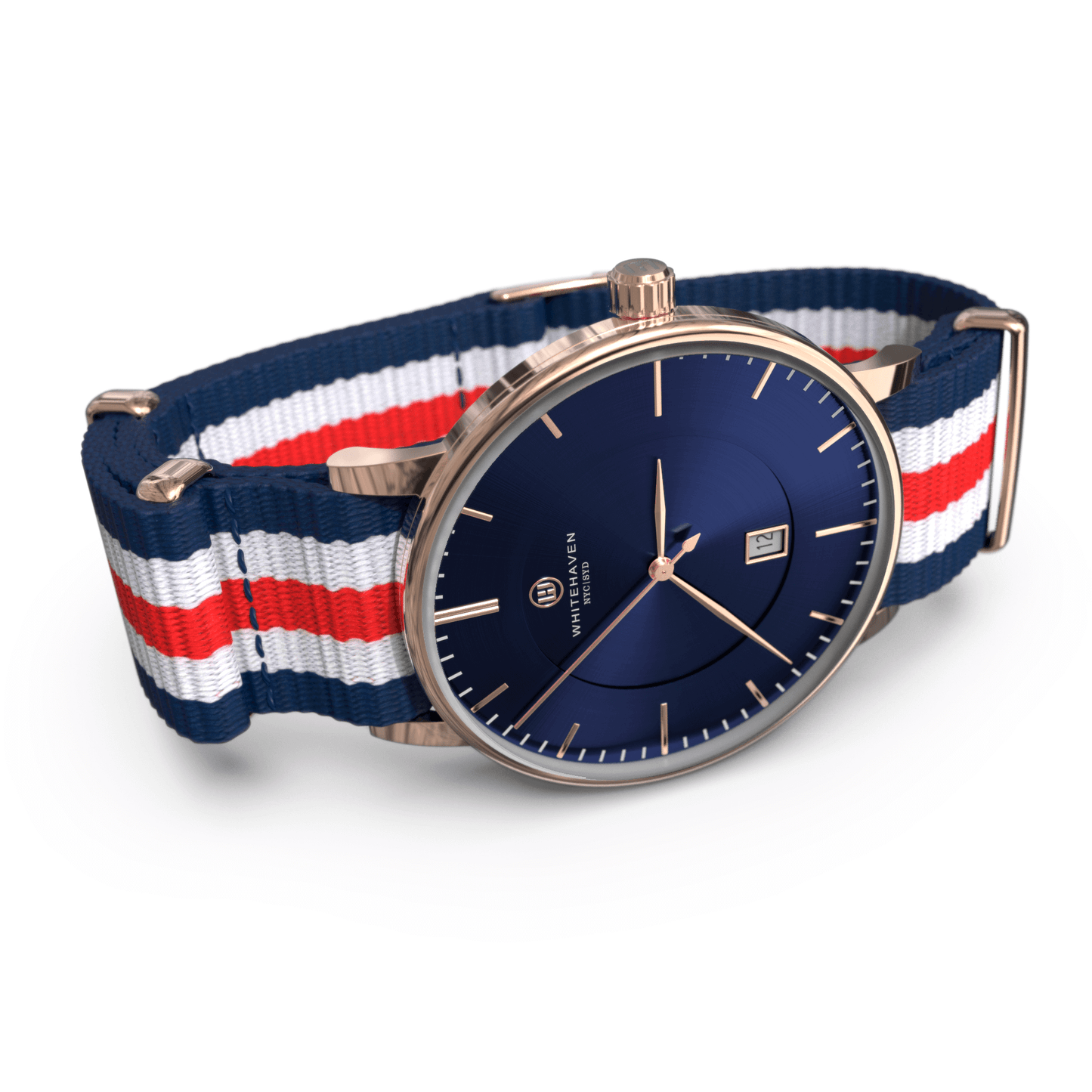 Montre Dubbo vue de profil avec cadran bleu foncé, boîtier or rose et bracelet NATO tricolore – style affirmé
