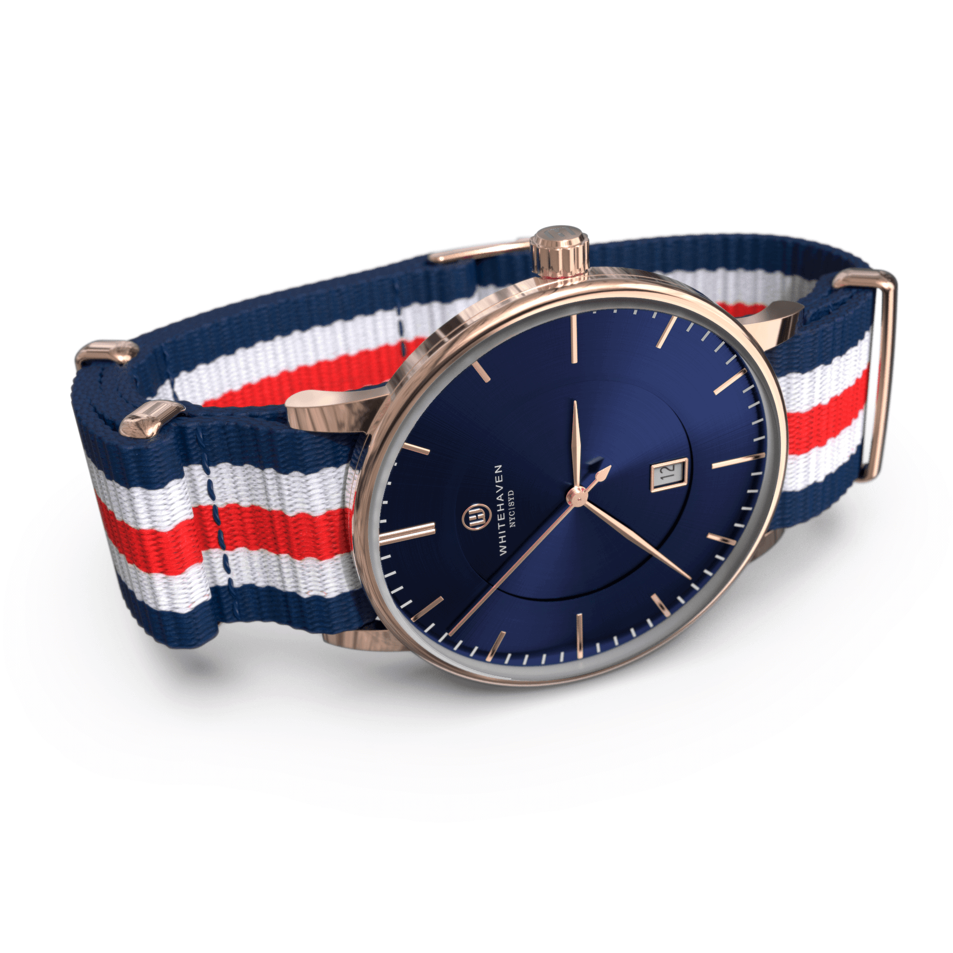 Montre Dubbo vue de profil avec cadran bleu foncé, boîtier or rose et bracelet NATO tricolore – style affirmé