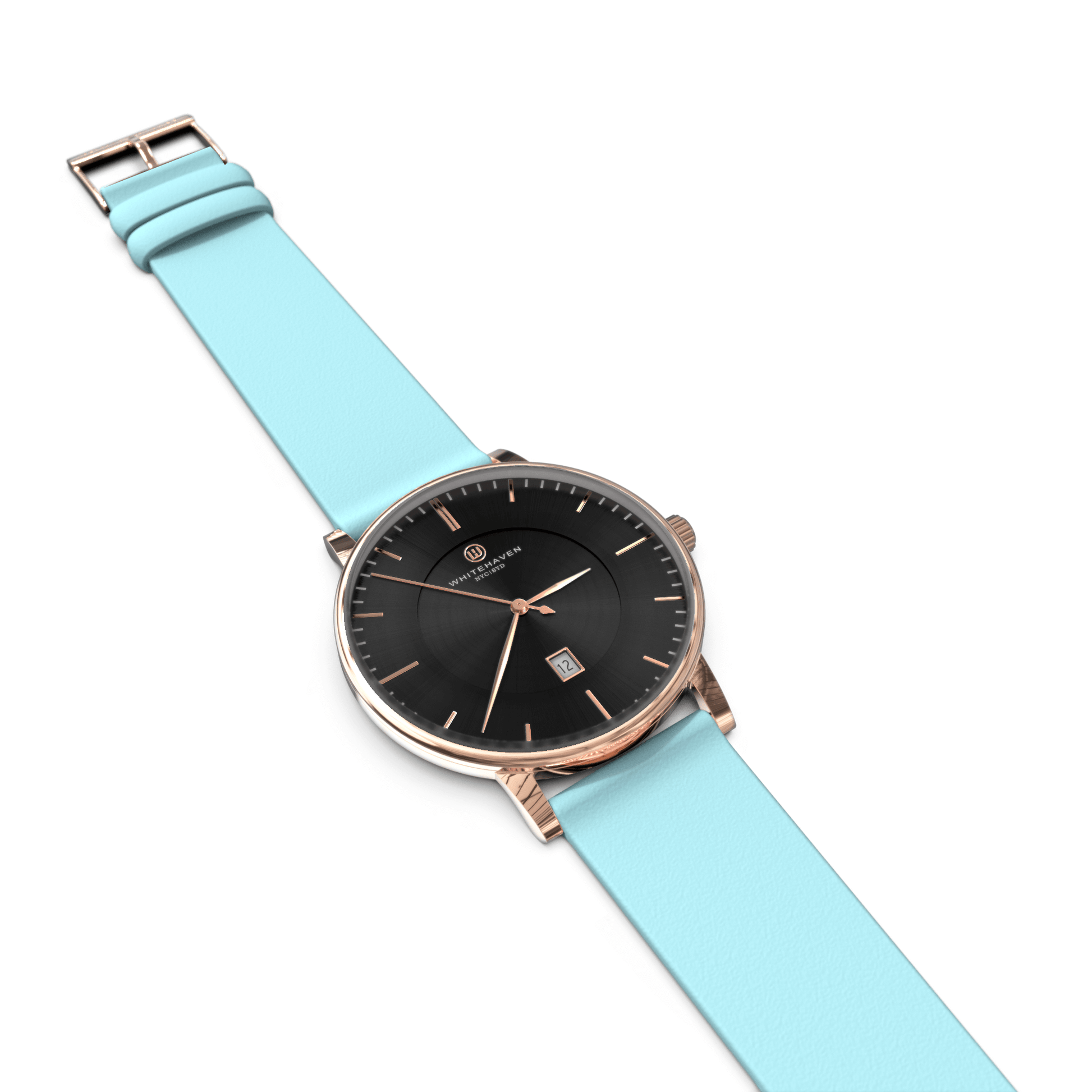 Montre Eldor posée à plat avec cadran noir et bracelet bleu clair — contraste raffiné et lumineux