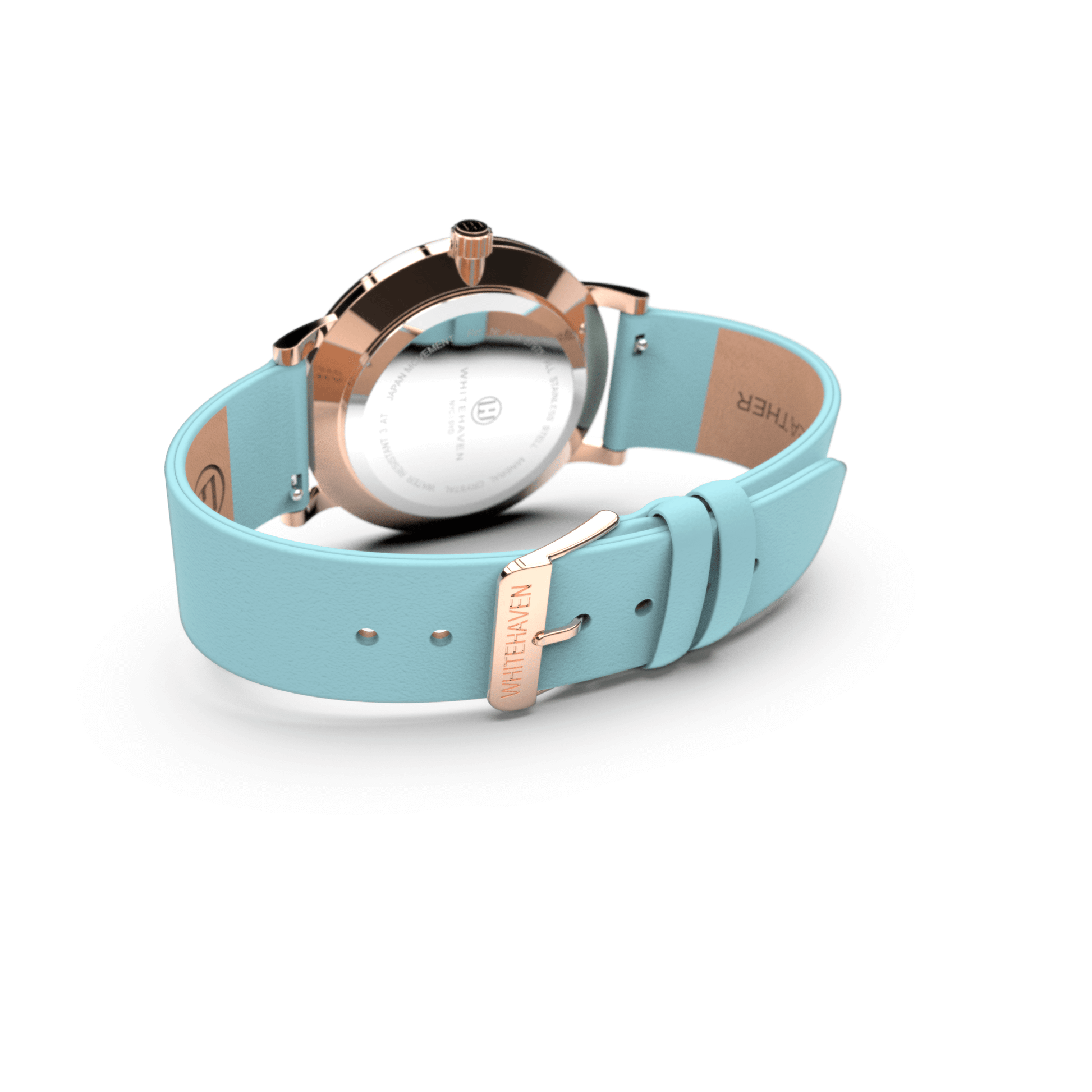 Vue arrière de la montre Eldor, boucle or rose gravée Whitehaven et bracelet cuir bleu clair — détails soignés