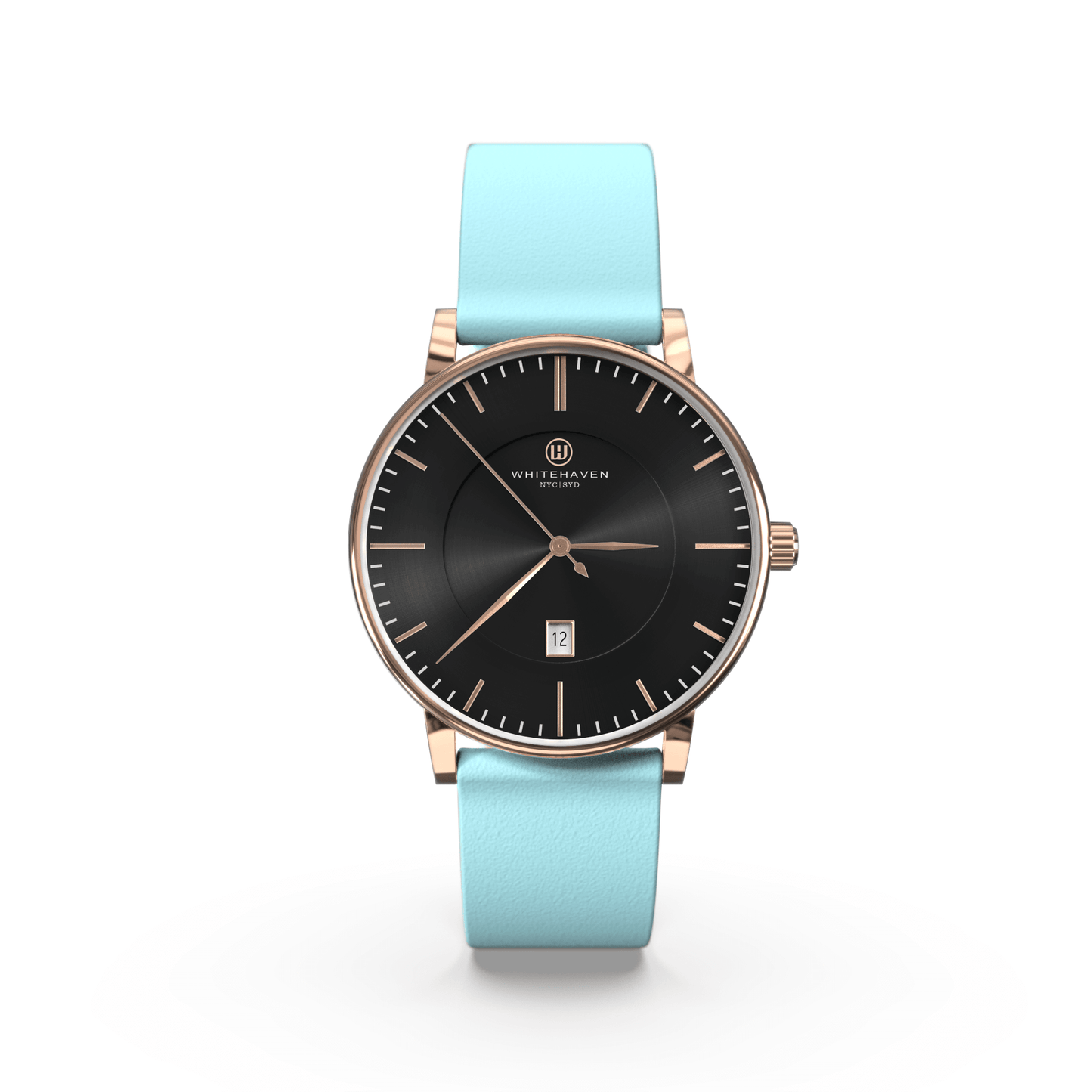 Montre Eldor Whitehaven avec cadran noir, boîtier finition or rose et bracelet en cuir bleu clair — vue de face