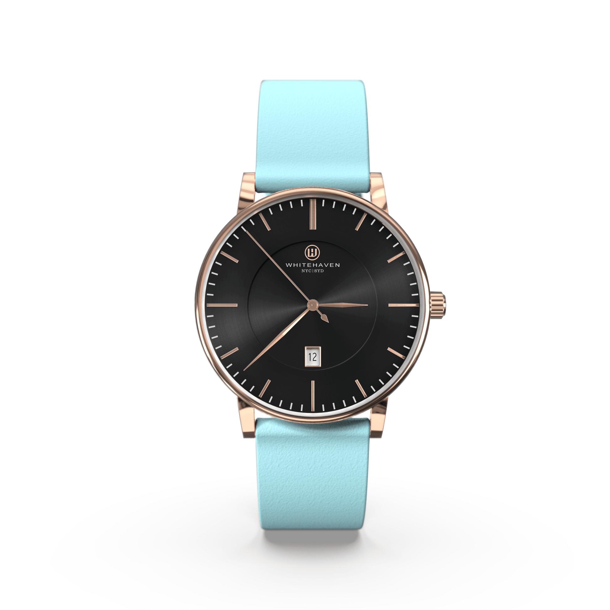 Montre Eldor Whitehaven avec cadran noir, boîtier finition or rose et bracelet en cuir bleu clair — vue de face