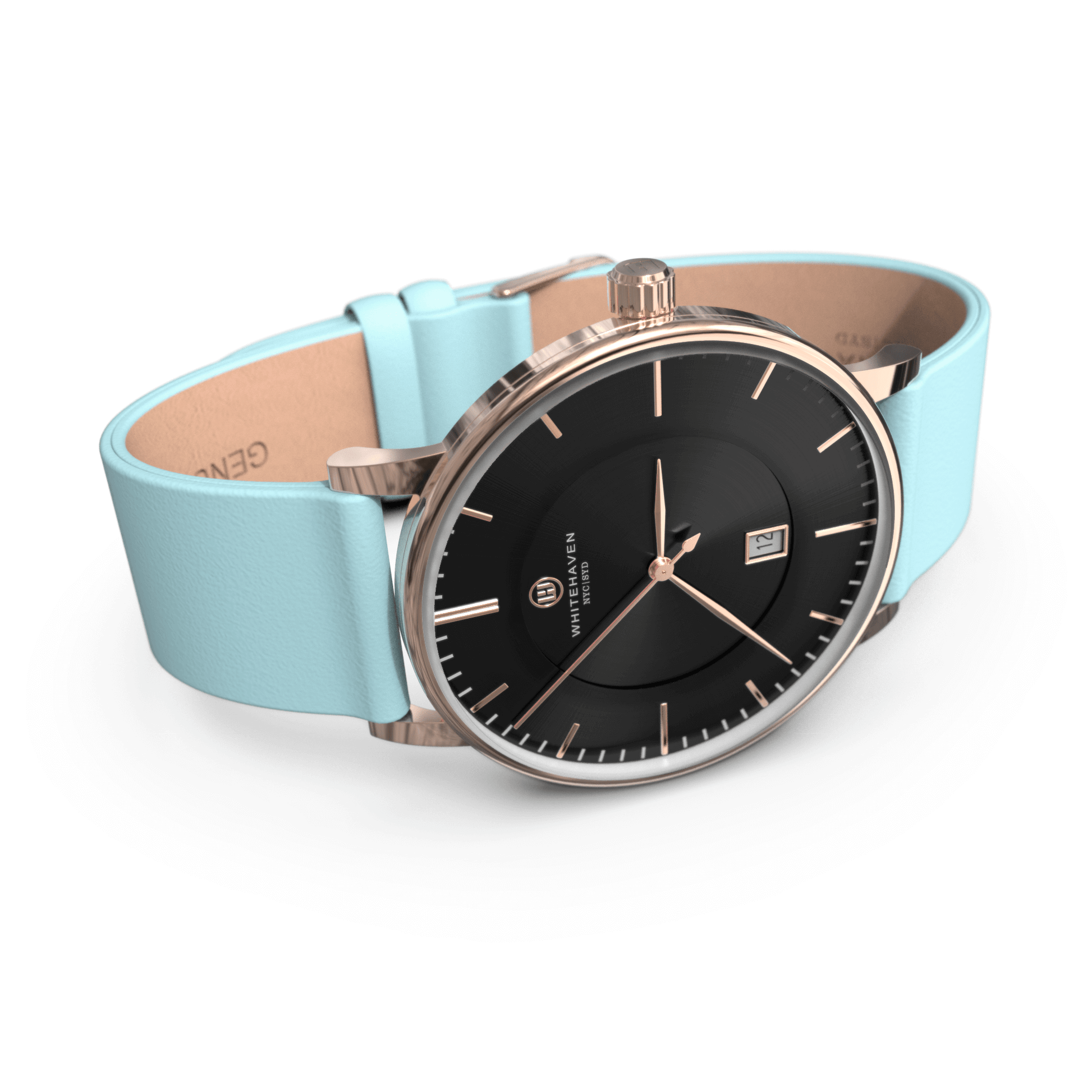 Montre Eldor vue de profil avec boîtier or rose, cadran noir et bracelet en cuir bleu clair — design élégant et moderne