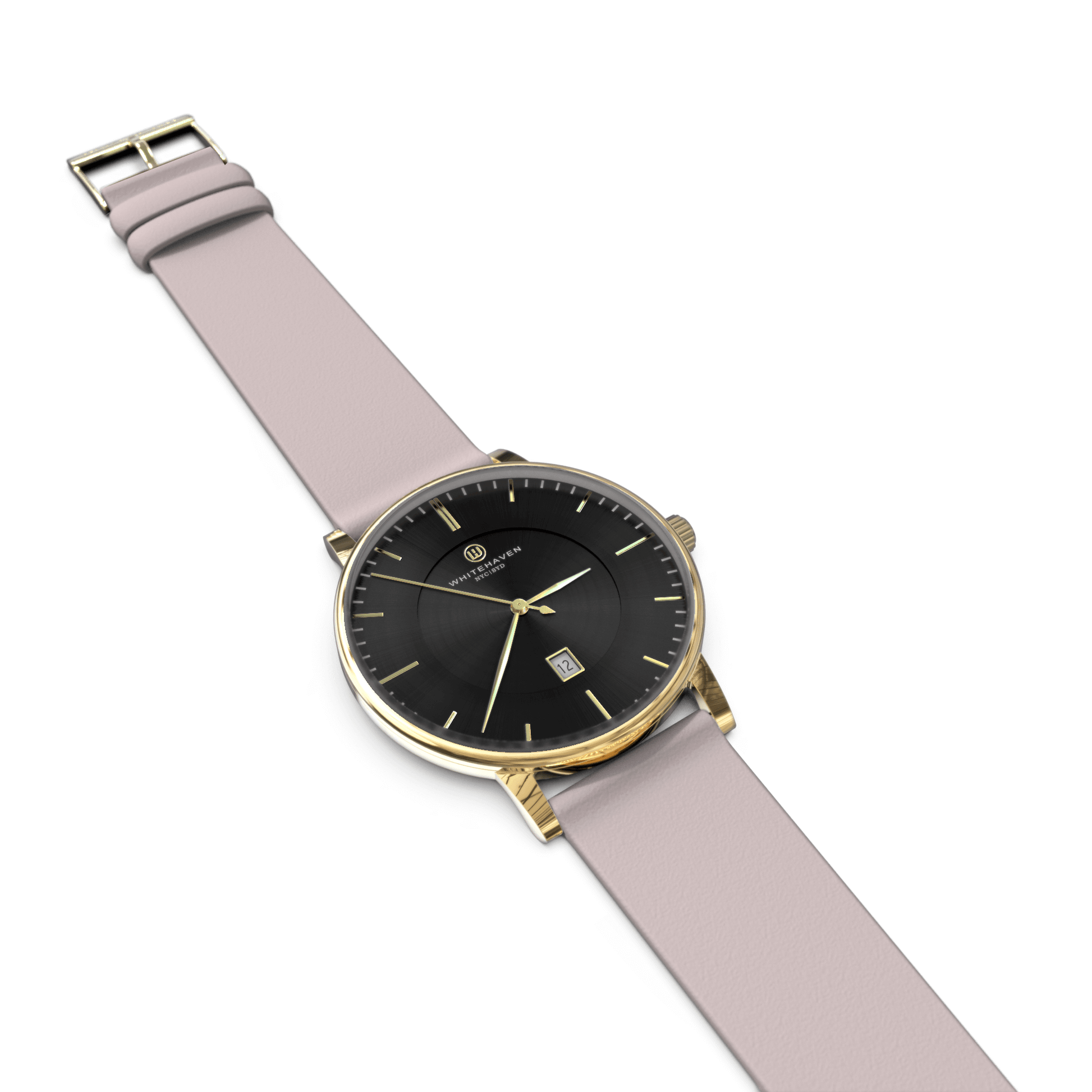 Montre Eldor posée à plat, cadran noir et bracelet en cuir gris pâle — contraste élégant et contemporain