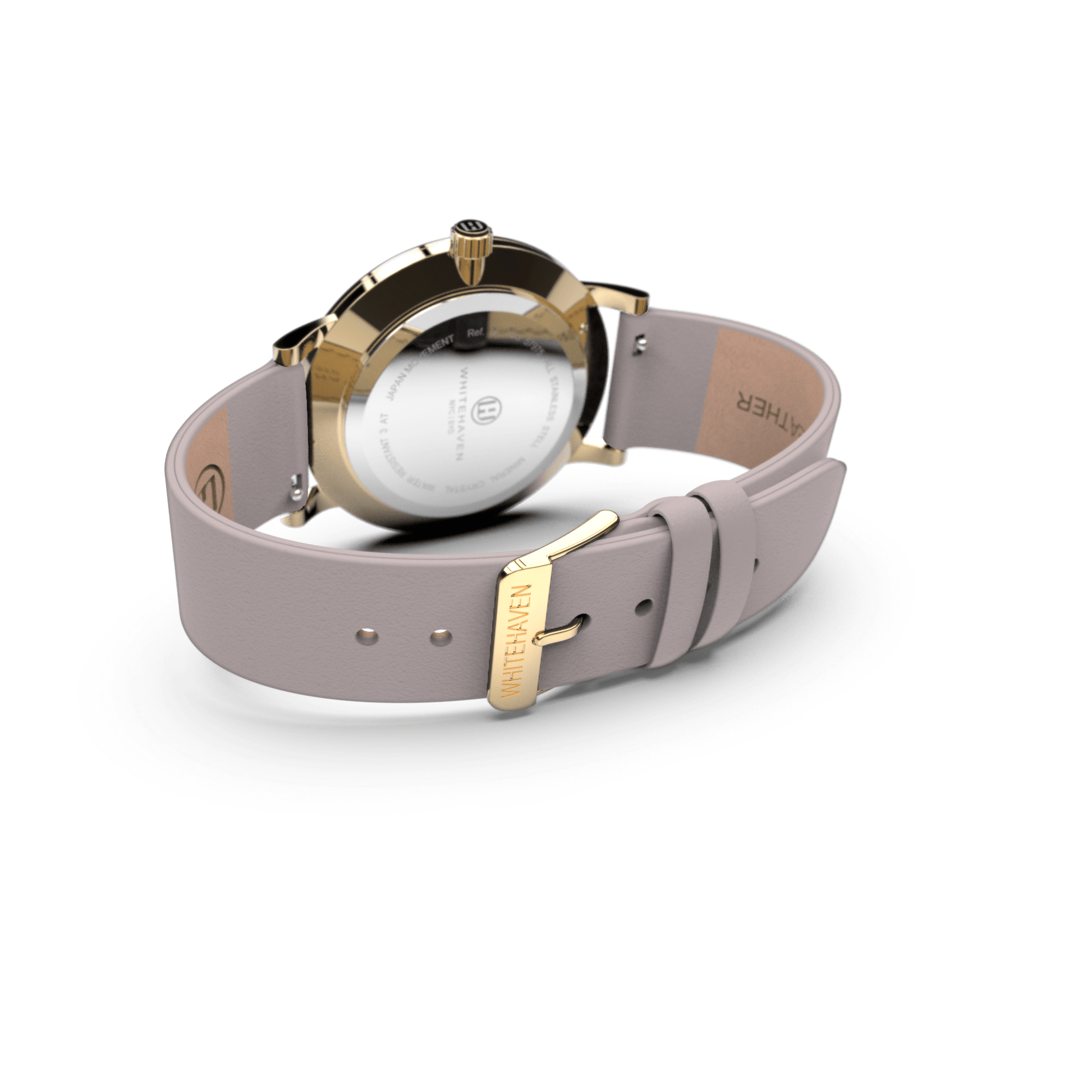 Vue arrière de la montre Eldor avec boucle dorée gravée Whitehaven et bracelet en cuir gris pâle