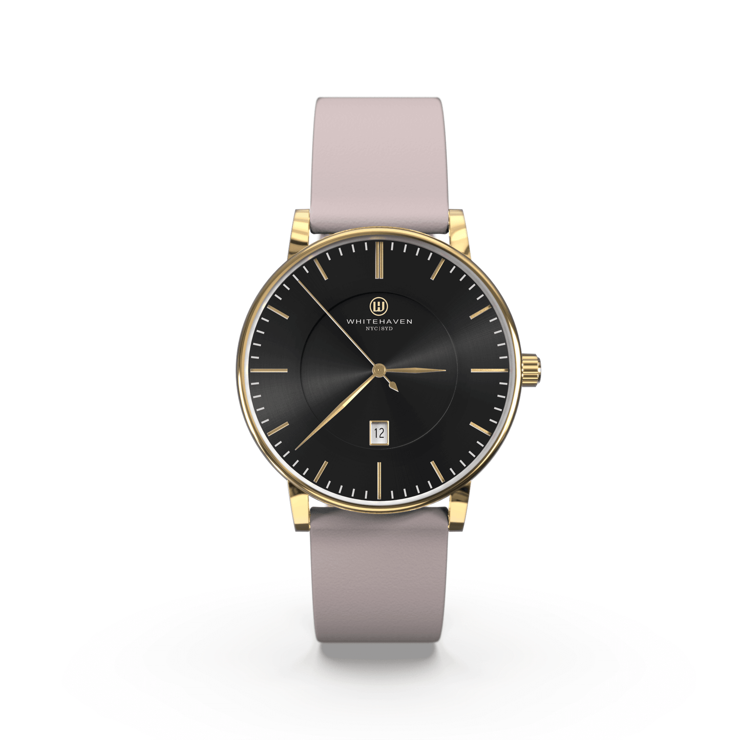 Montre Eldor Whitehaven avec cadran noir, boîtier finition or jaune et bracelet en cuir gris pâle — vue de face