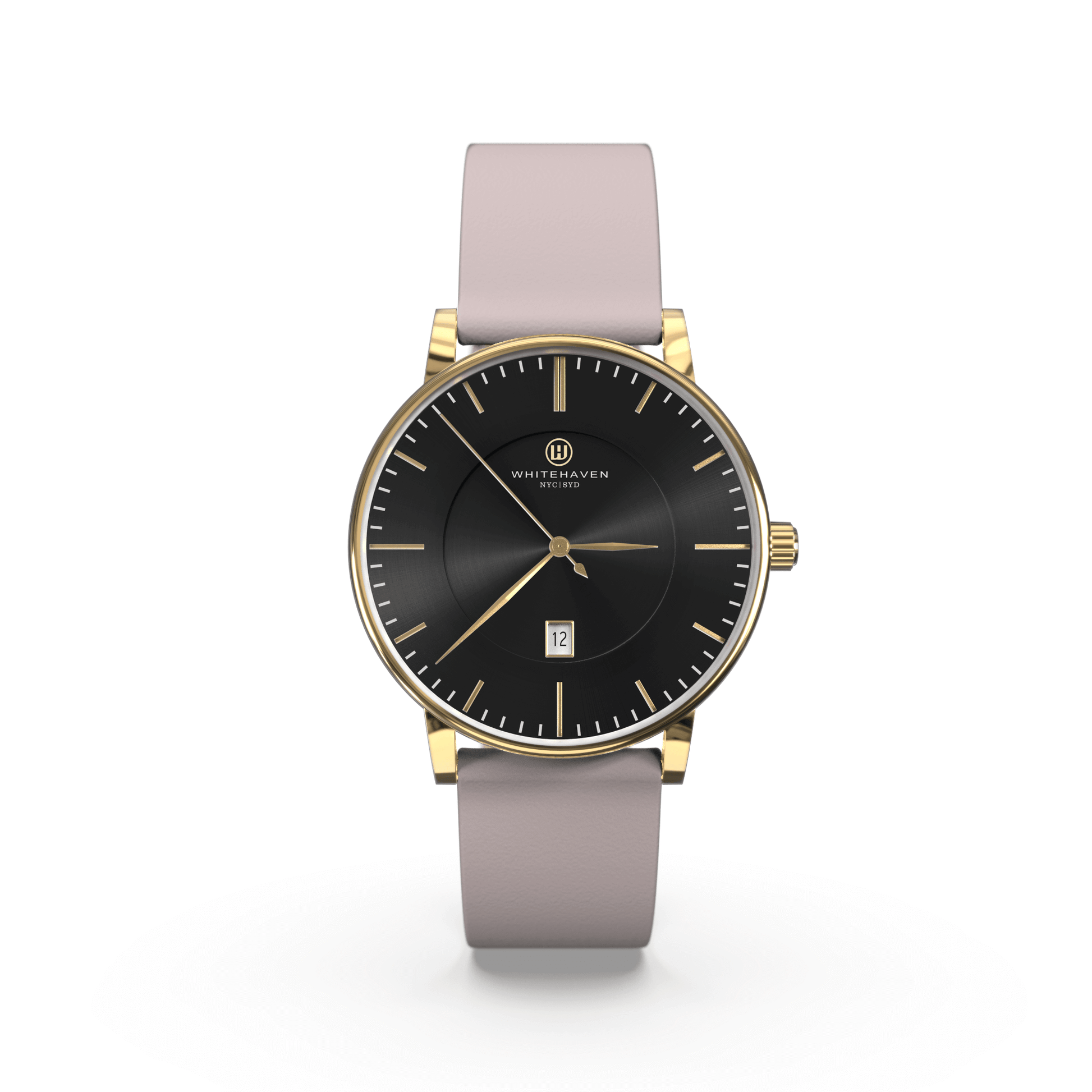 Montre Eldor Whitehaven avec cadran noir, boîtier finition or jaune et bracelet en cuir gris pâle — vue de face