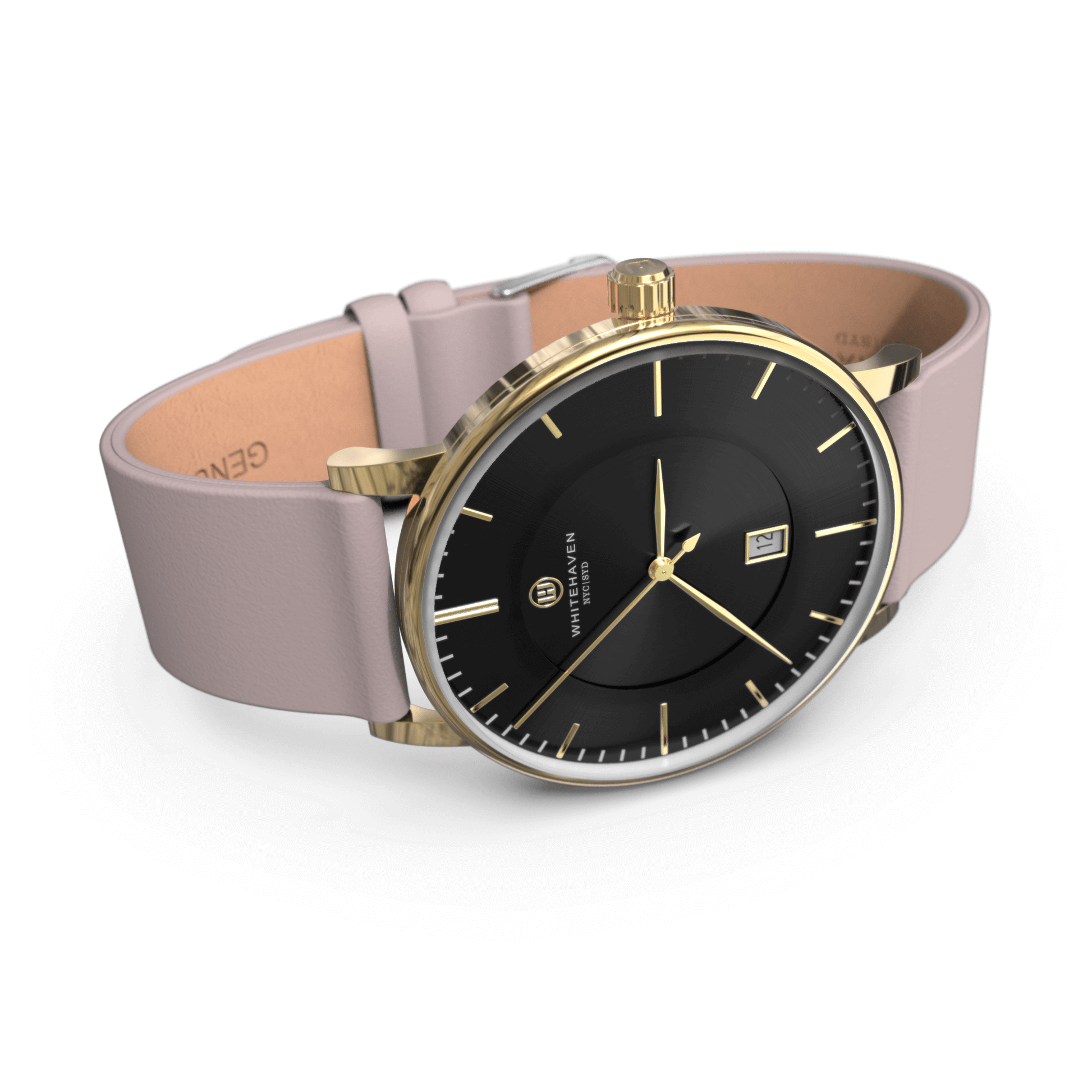 Montre Eldor vue de profil avec boîtier or jaune, cadran noir et bracelet en cuir gris pâle — allure raffinée