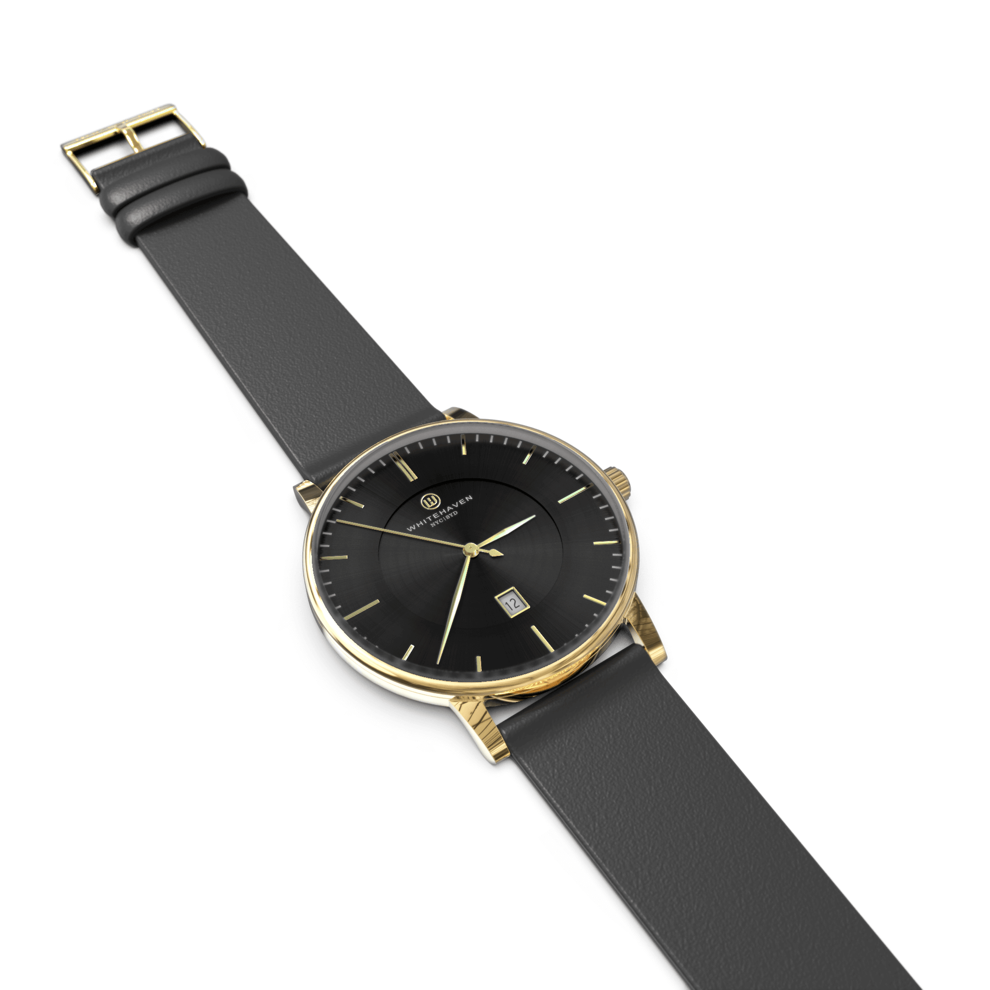 Montre Eldor posée à plat, cadran noir, boîtier or jaune et bracelet en cuir noir — design raffiné
