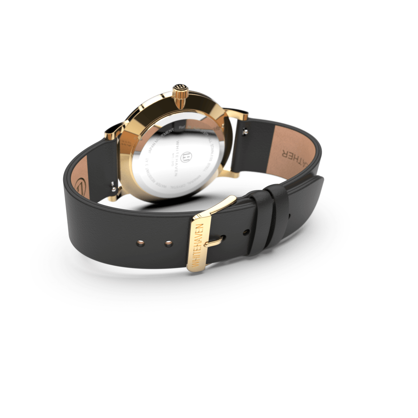 Vue arrière de la montre Eldor avec boucle dorée gravée Whitehaven et bracelet en cuir noir