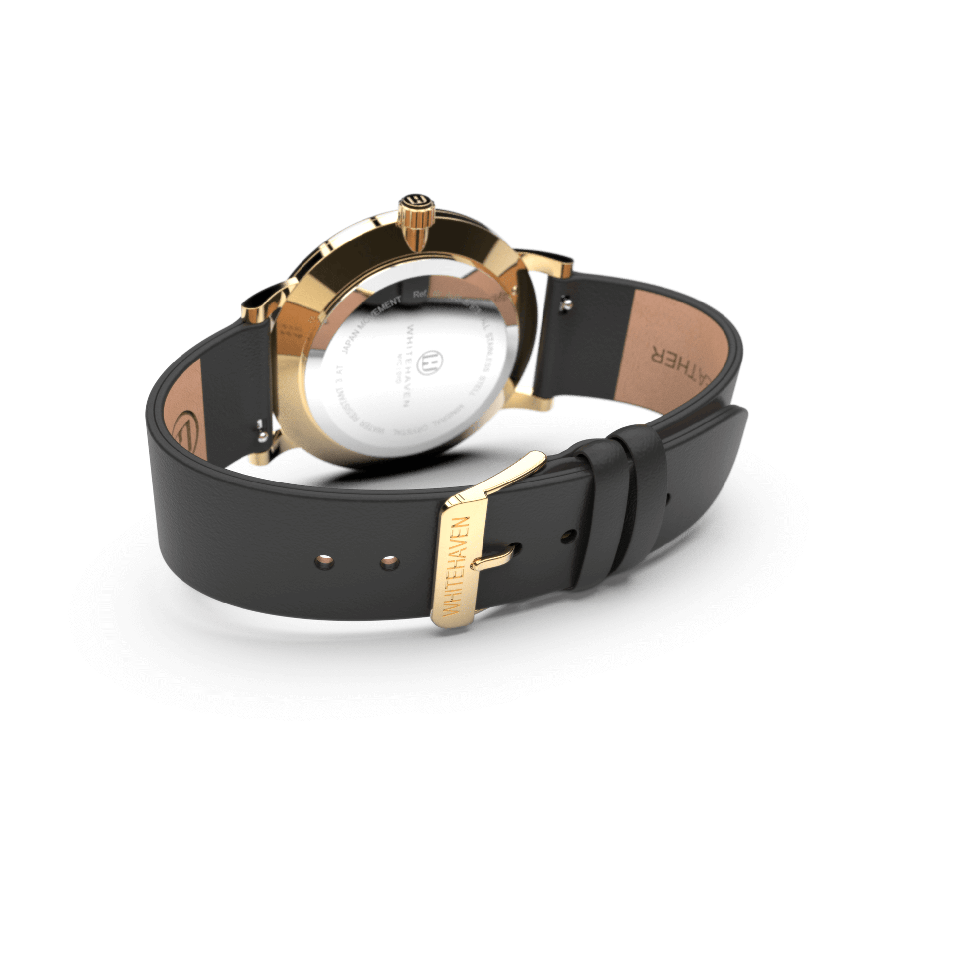 Vue arrière de la montre Eldor avec boucle dorée gravée Whitehaven et bracelet en cuir noir