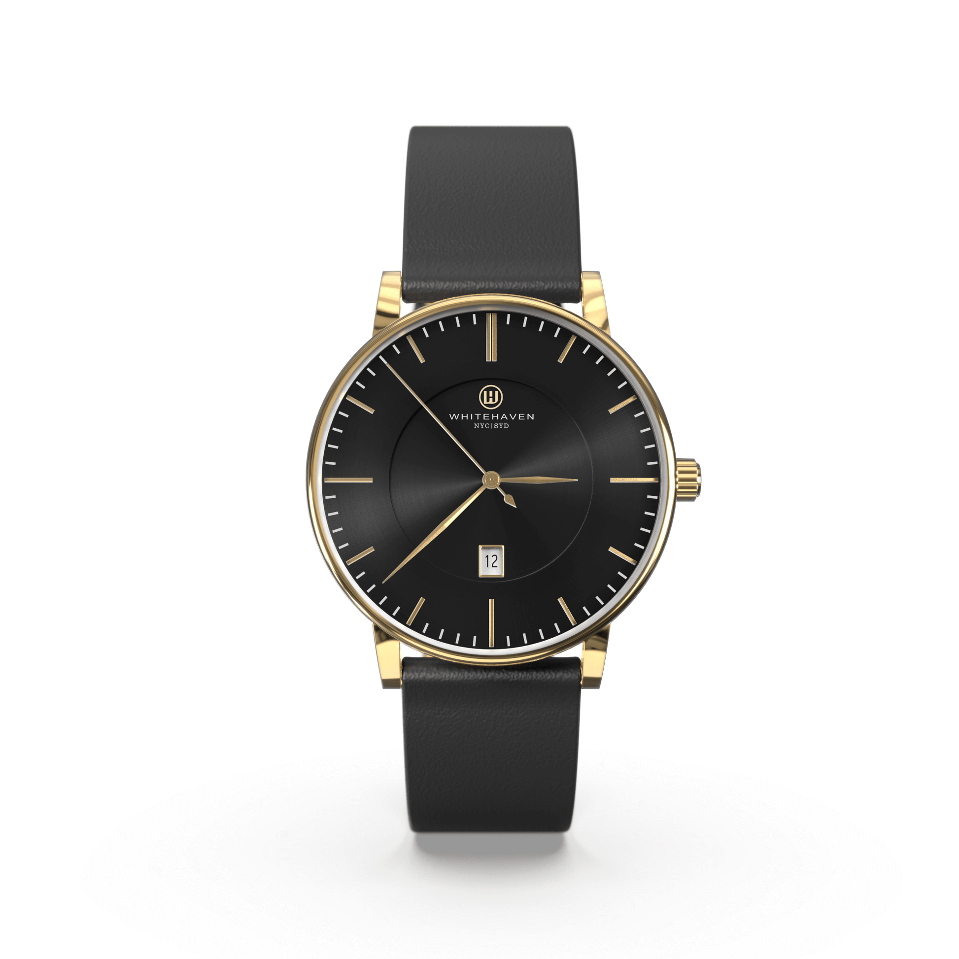 Montre Eldor Whitehaven avec cadran noir, boîtier finition or jaune et bracelet en cuir noir — vue de face