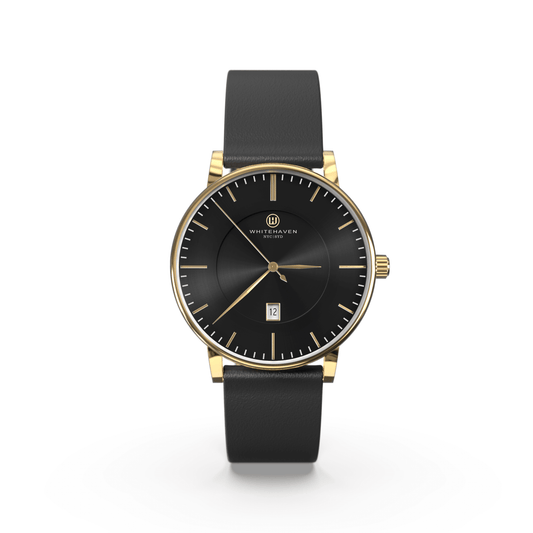 Montre Eldor Whitehaven avec cadran noir, boîtier finition or jaune et bracelet en cuir noir — vue de face