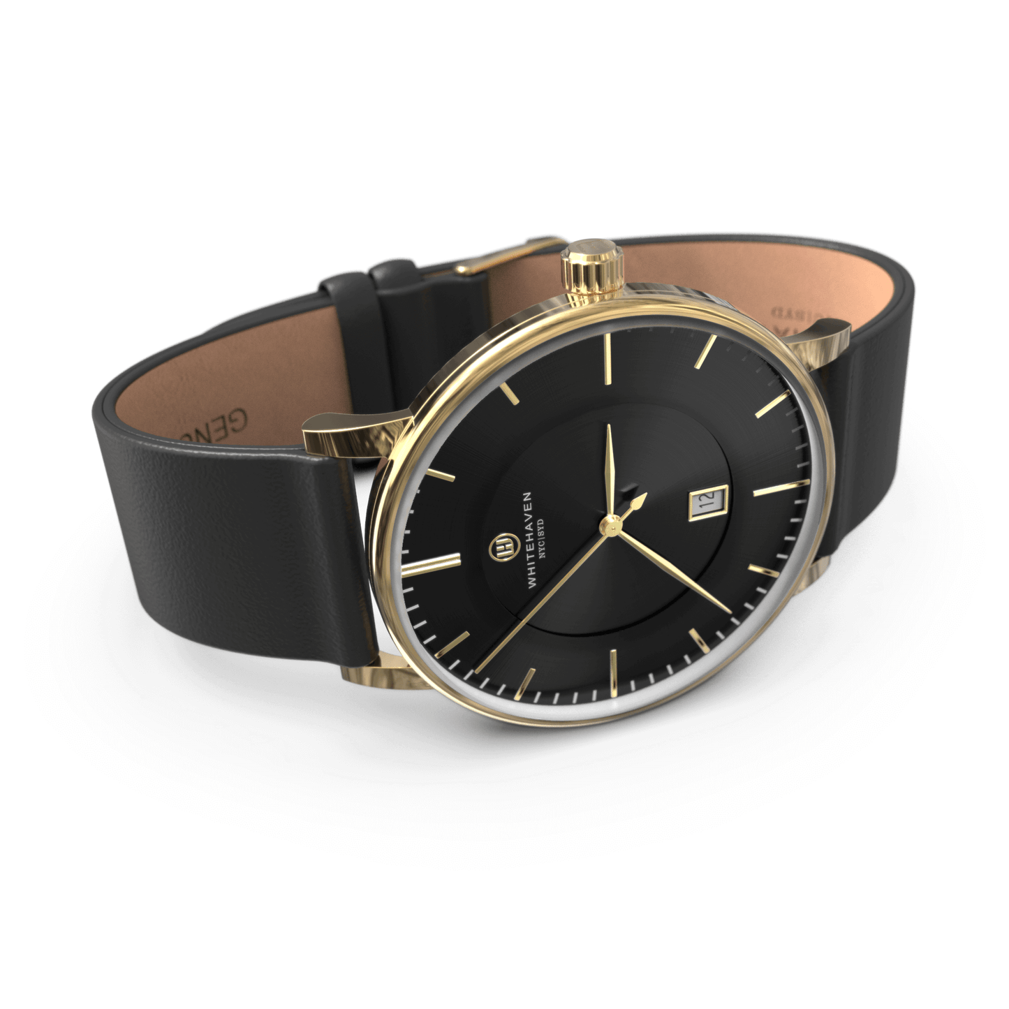 Montre Eldor vue de profil avec cadran noir, boîtier finition or jaune et bracelet en cuir noir — silhouette élégante