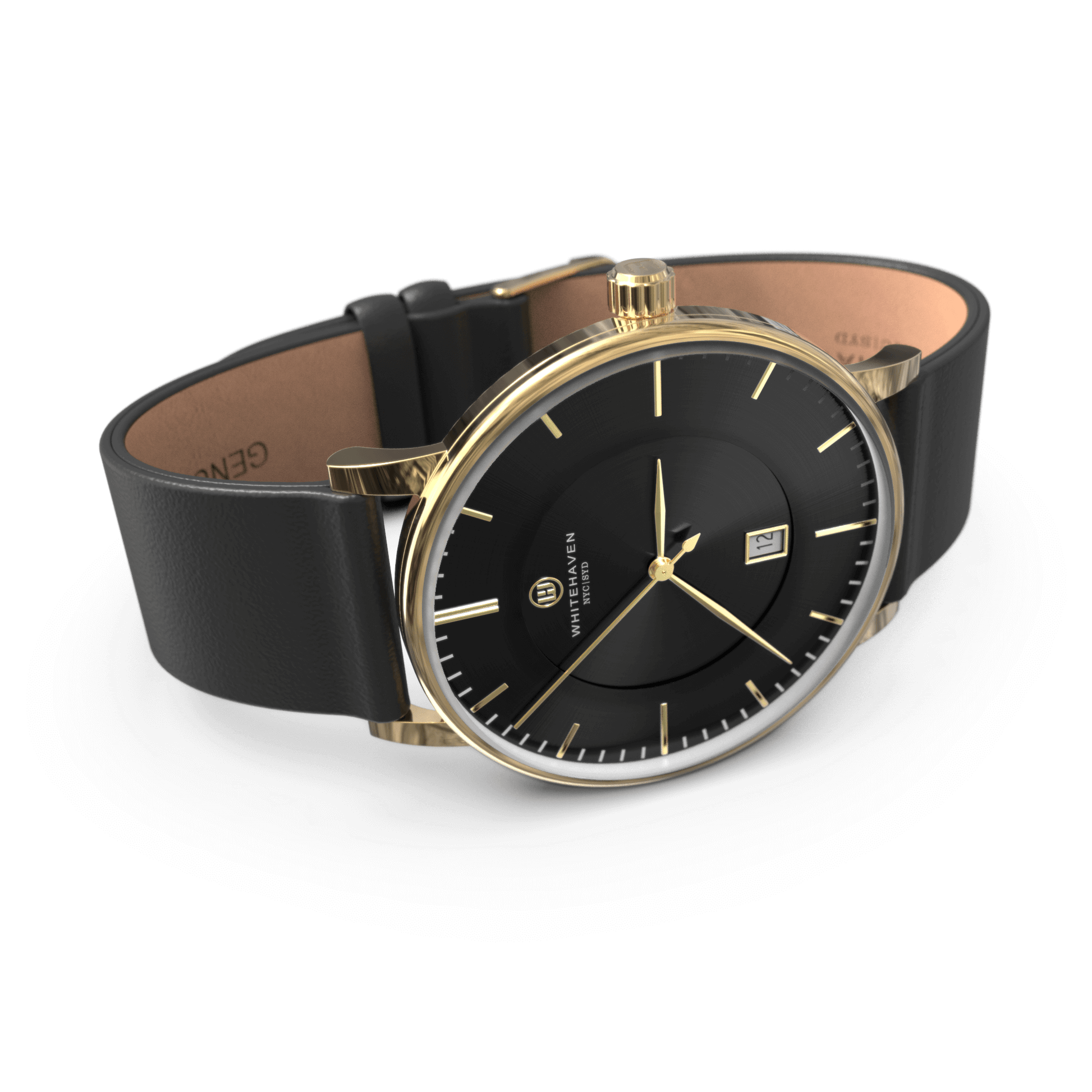 Montre Eldor vue de profil avec cadran noir, boîtier finition or jaune et bracelet en cuir noir — silhouette élégante