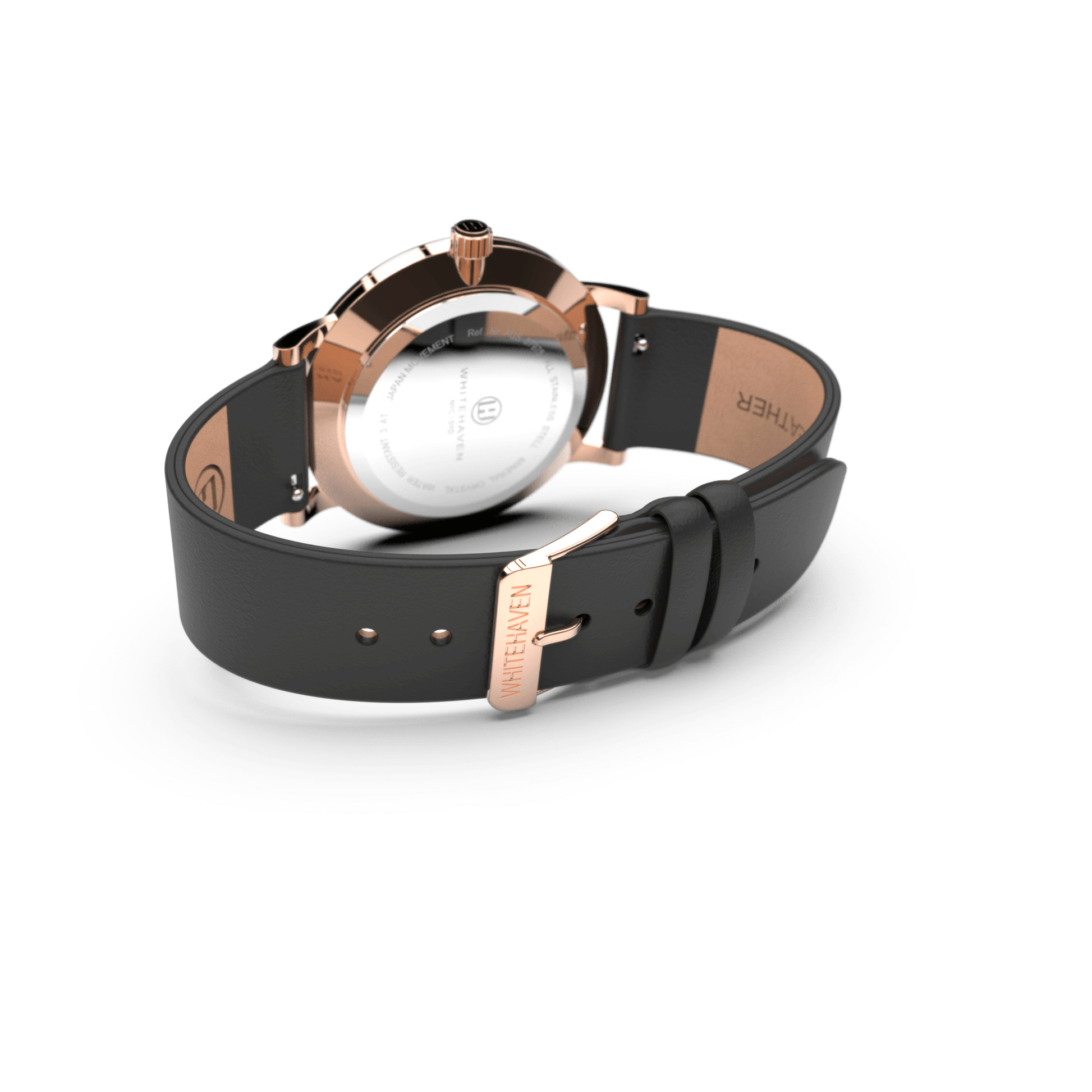 Vue arrière de la montre Eldor avec boucle rose gold gravée Whitehaven et bracelet en cuir noir
