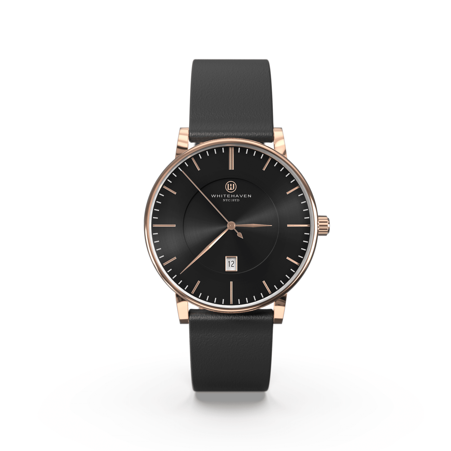 Montre Eldor Whitehaven avec cadran noir, boîtier finition or rose et bracelet en cuir noir — vue de face