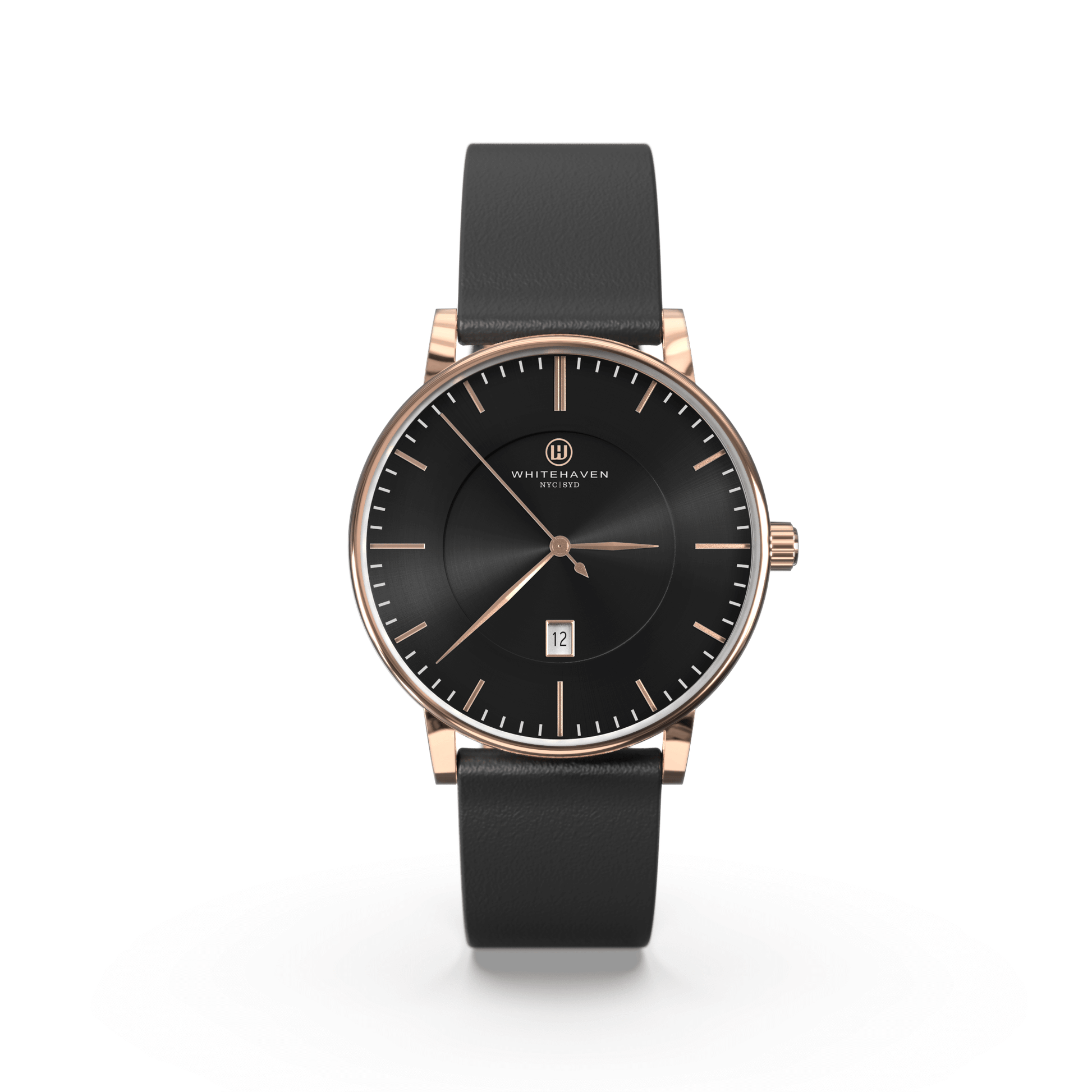 Montre Eldor Whitehaven avec cadran noir, boîtier finition or rose et bracelet en cuir noir — vue de face