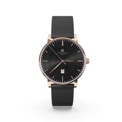 Montre Eldor Whitehaven avec cadran noir, boîtier finition or rose et bracelet en cuir noir — vue de face