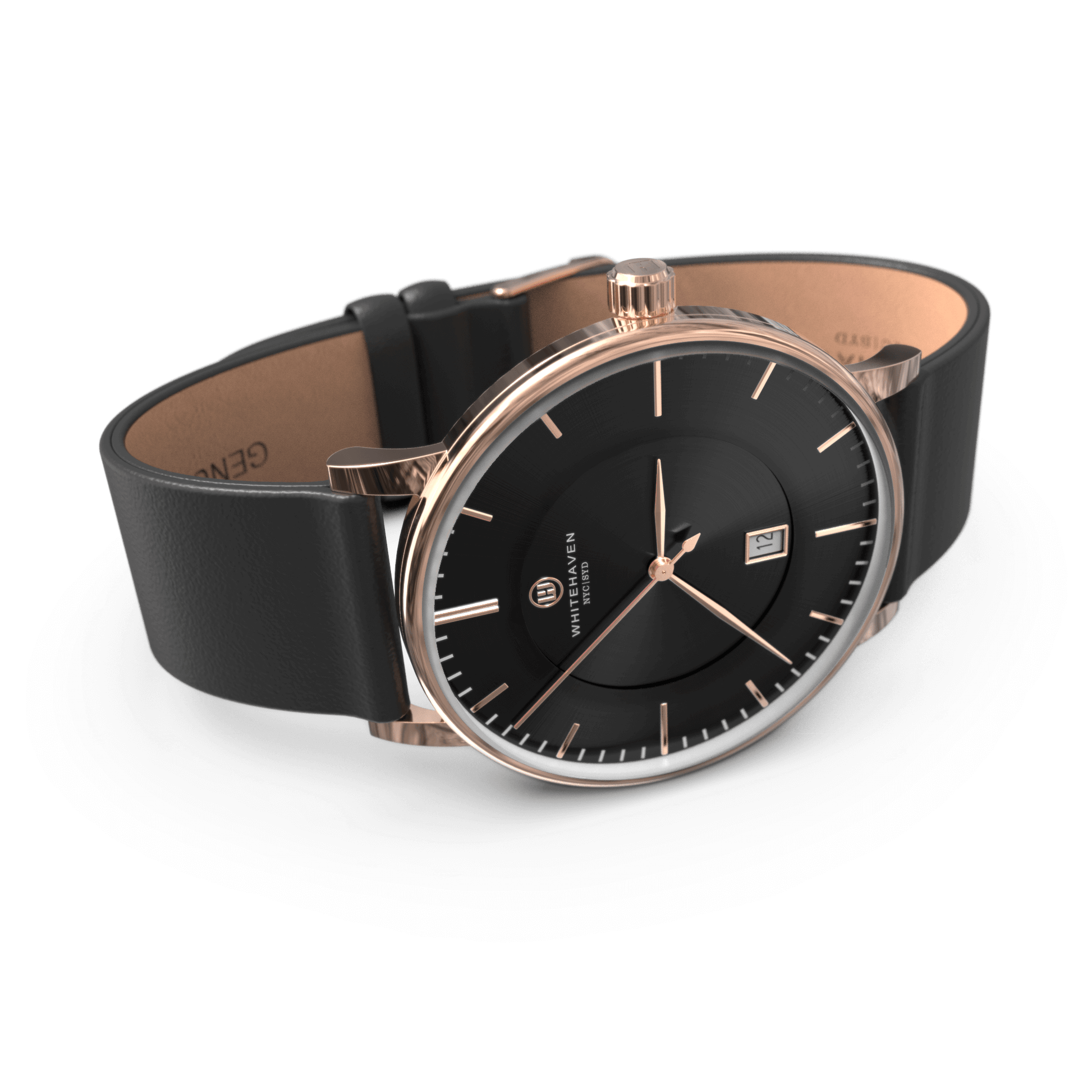 Montre Eldor vue de profil avec boîtier finition or rose, cadran noir et bracelet en cuir noir — élégance contemporaine
