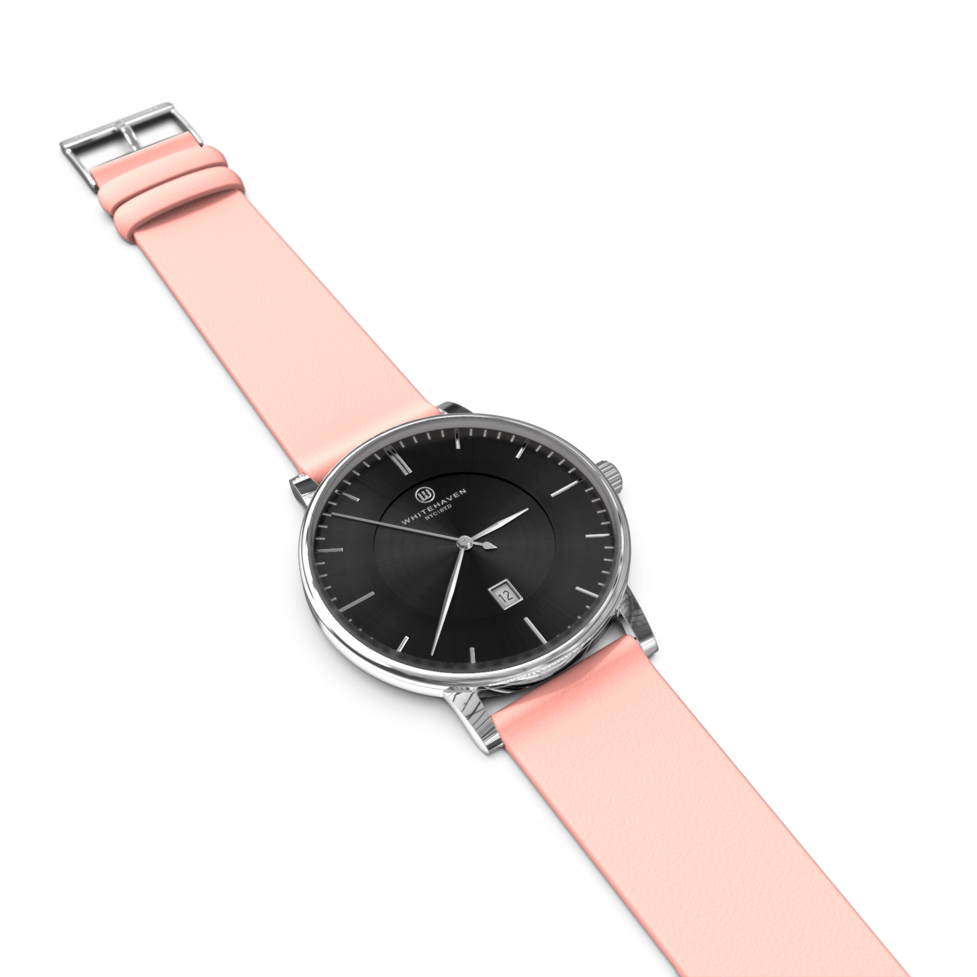 Montre Eldor posée à plat, cadran noir et bracelet cuir rose clair — design moderne et raffiné