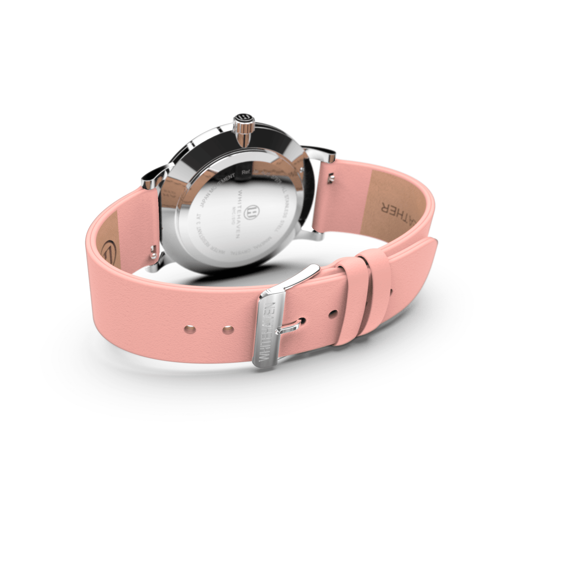 Vue arrière de la montre Eldor avec boucle argentée gravée Whitehaven et bracelet en cuir rose clair