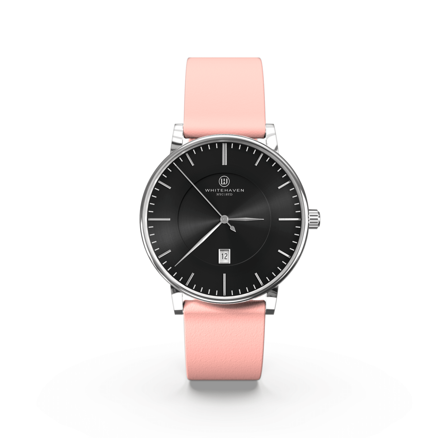 Montre Eldor Whitehaven avec cadran noir, boîtier finition argent et bracelet en cuir rose clair — vue de face