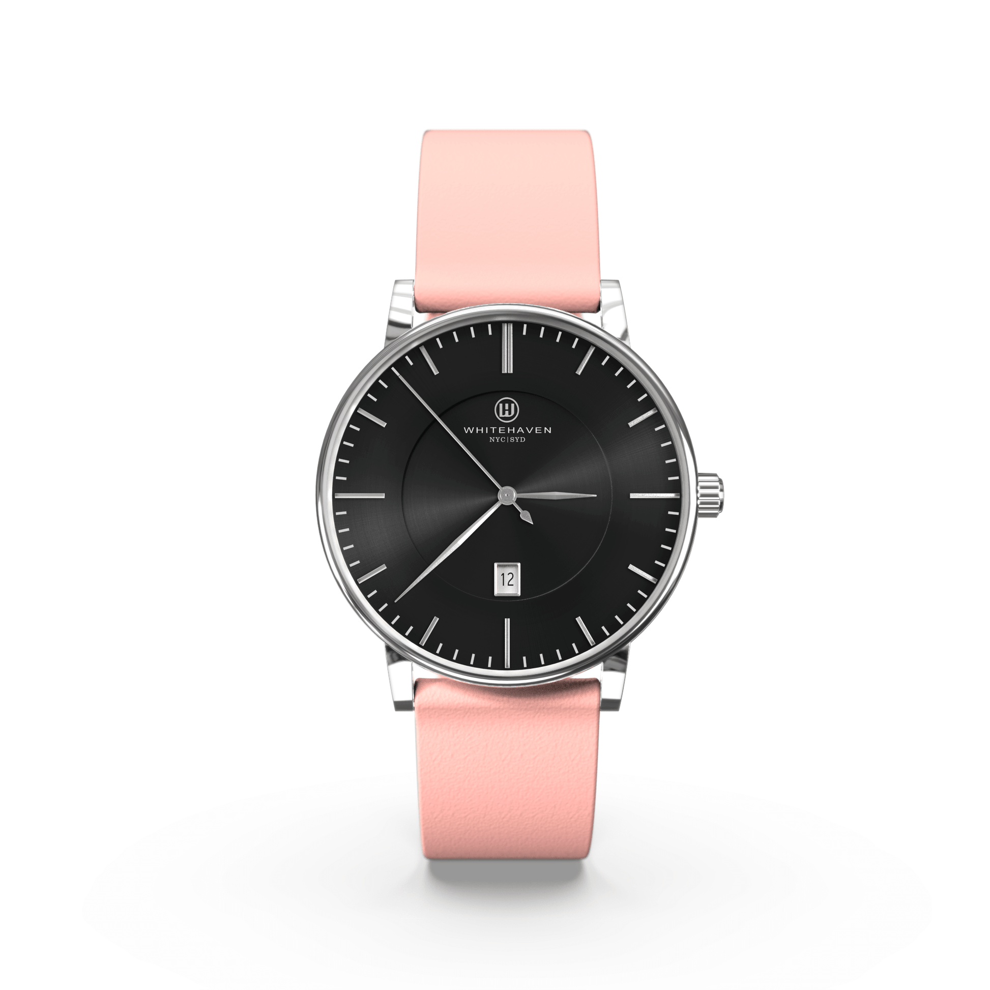 Montre Eldor Whitehaven avec cadran noir, boîtier finition argent et bracelet en cuir rose clair — vue de face