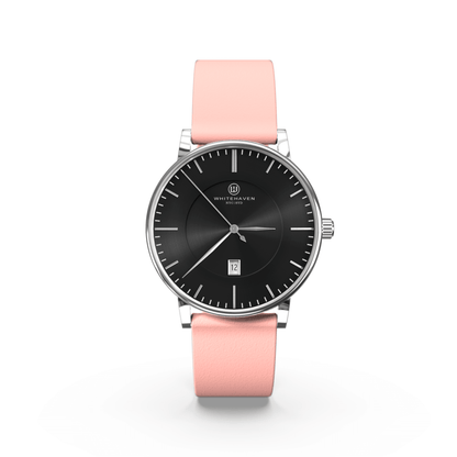 Montre Eldor Whitehaven avec cadran noir, boîtier finition argent et bracelet en cuir rose clair — vue de face