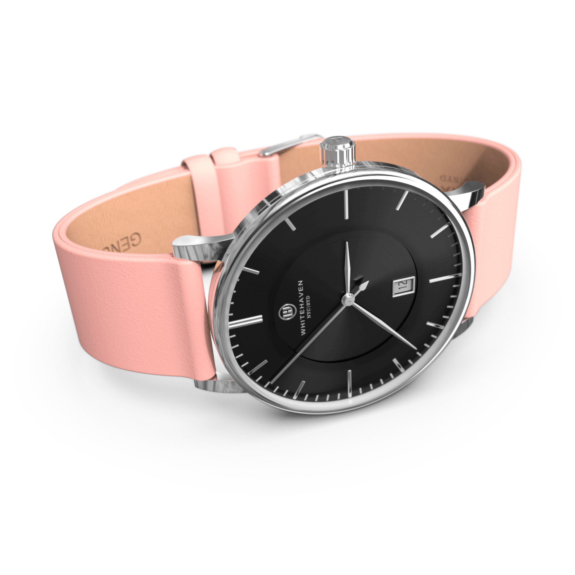 Montre Eldor vue de profil avec boîtier argenté, cadran noir et bracelet cuir rose clair — élégance féminine