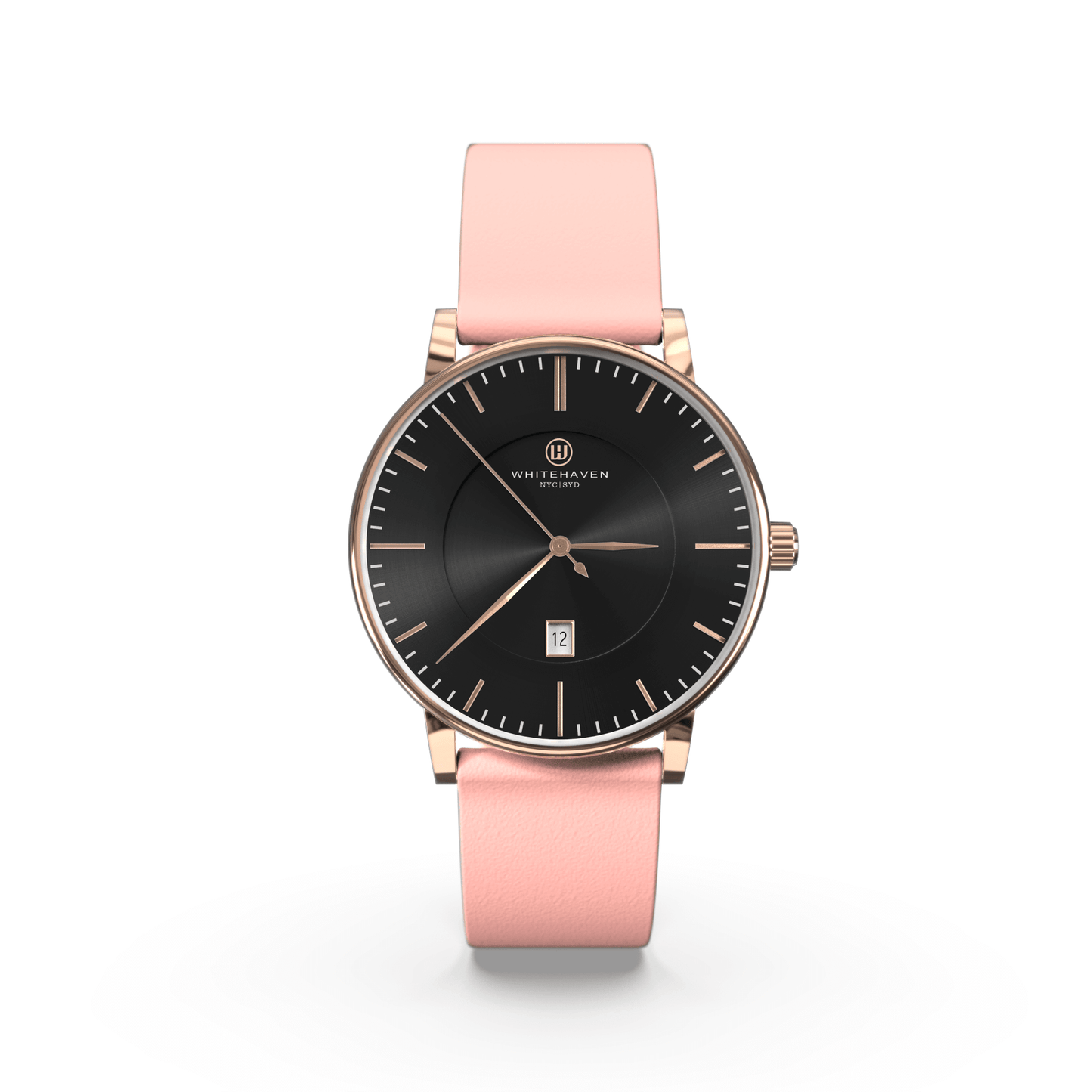 Montre Eldor Whitehaven avec cadran noir, boîtier finition or rose et bracelet en cuir rose clair — vue de face