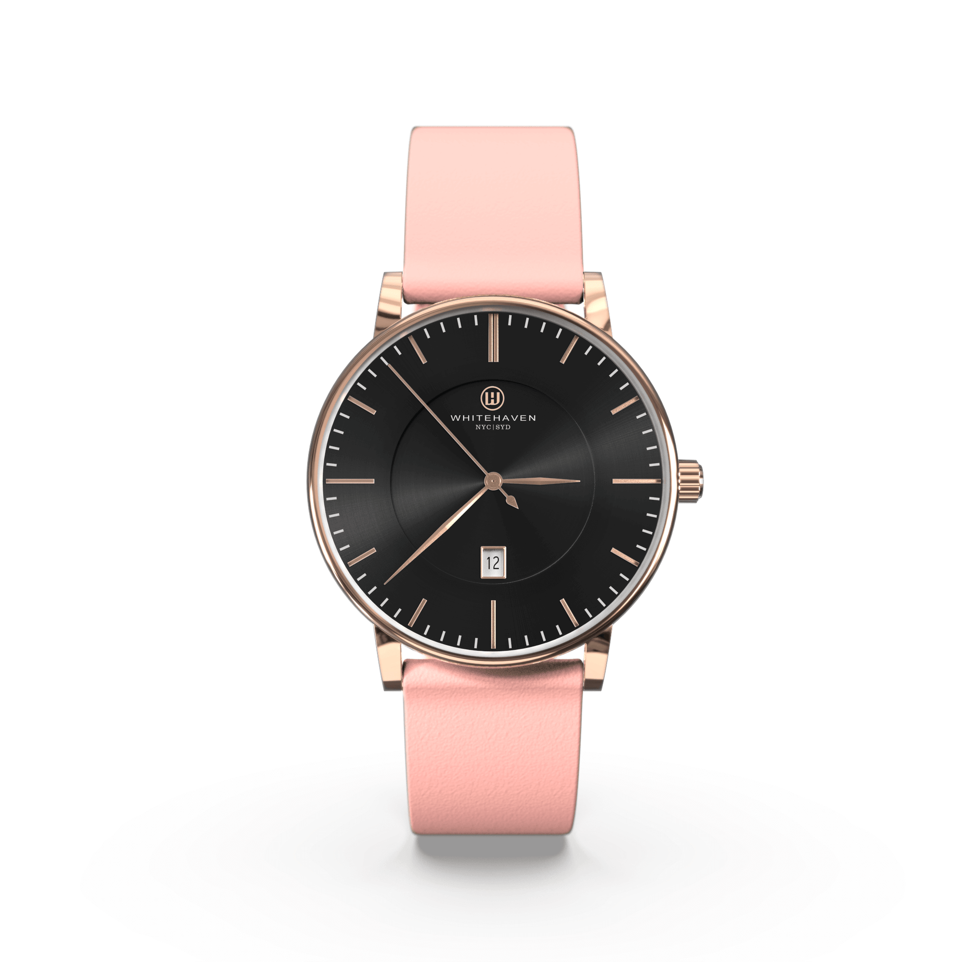 Montre Eldor Whitehaven avec cadran noir, boîtier finition or rose et bracelet en cuir rose clair — vue de face