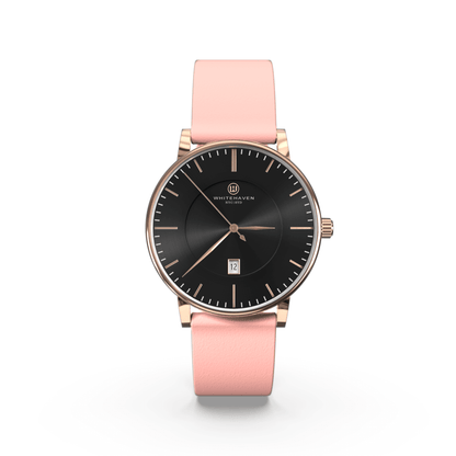 Montre Eldor Whitehaven avec cadran noir, boîtier finition or rose et bracelet en cuir rose clair — vue de face