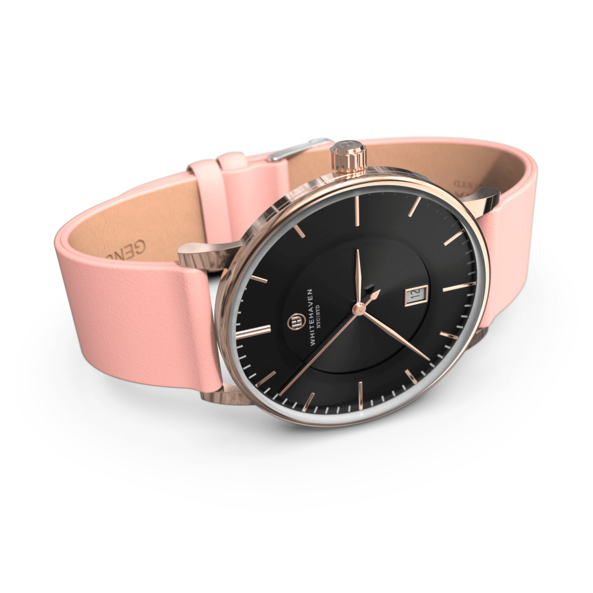 Montre Eldor vue de profil avec boîtier or rose, cadran noir et bracelet en cuir rose clair — style raffiné