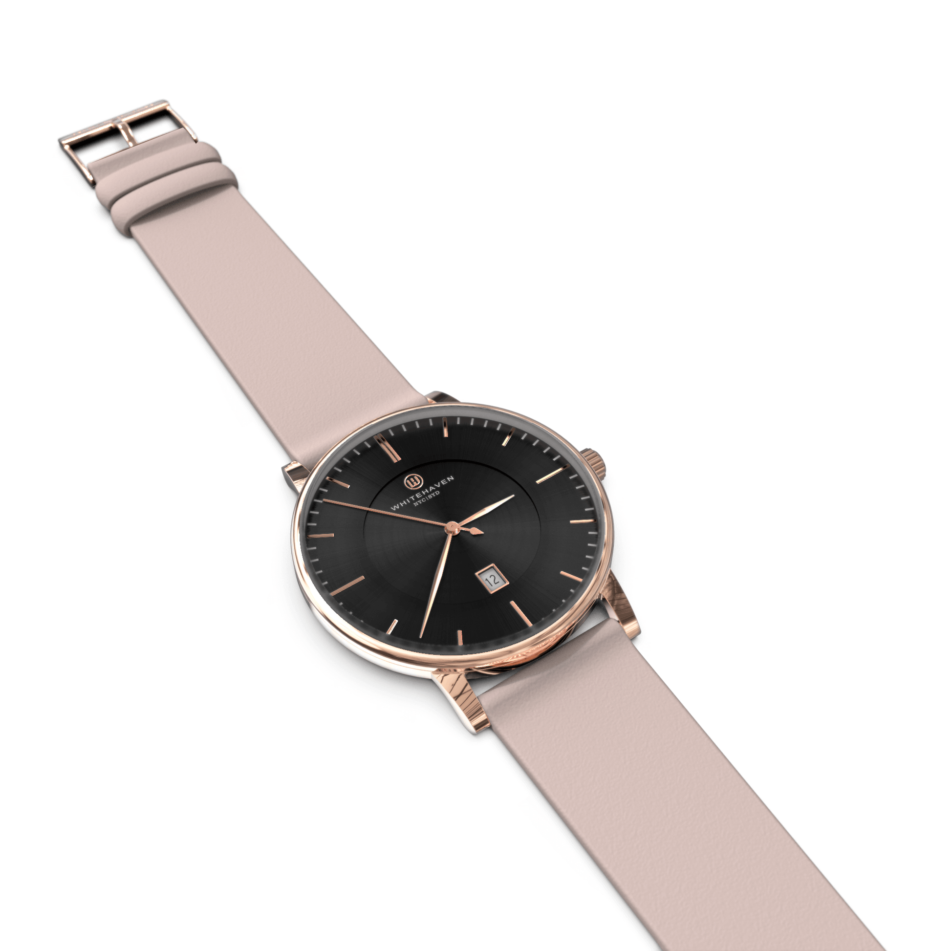 Montre Eldor à plat avec cadran noir et bracelet en cuir rose pâle — design moderne et raffiné