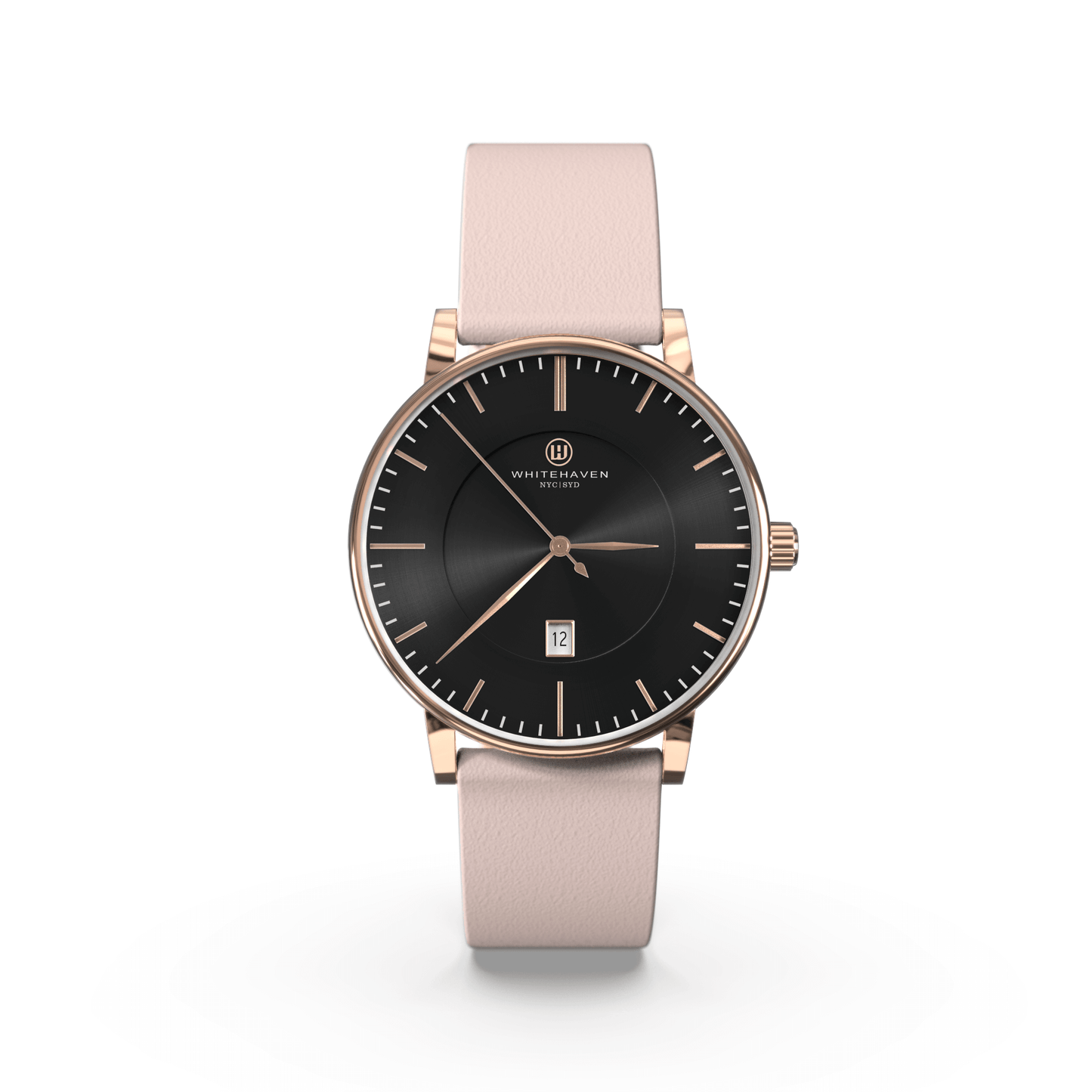 Montre Eldor Whitehaven avec cadran noir, boîtier finition or rose et bracelet en cuir rose pâle — vue de face