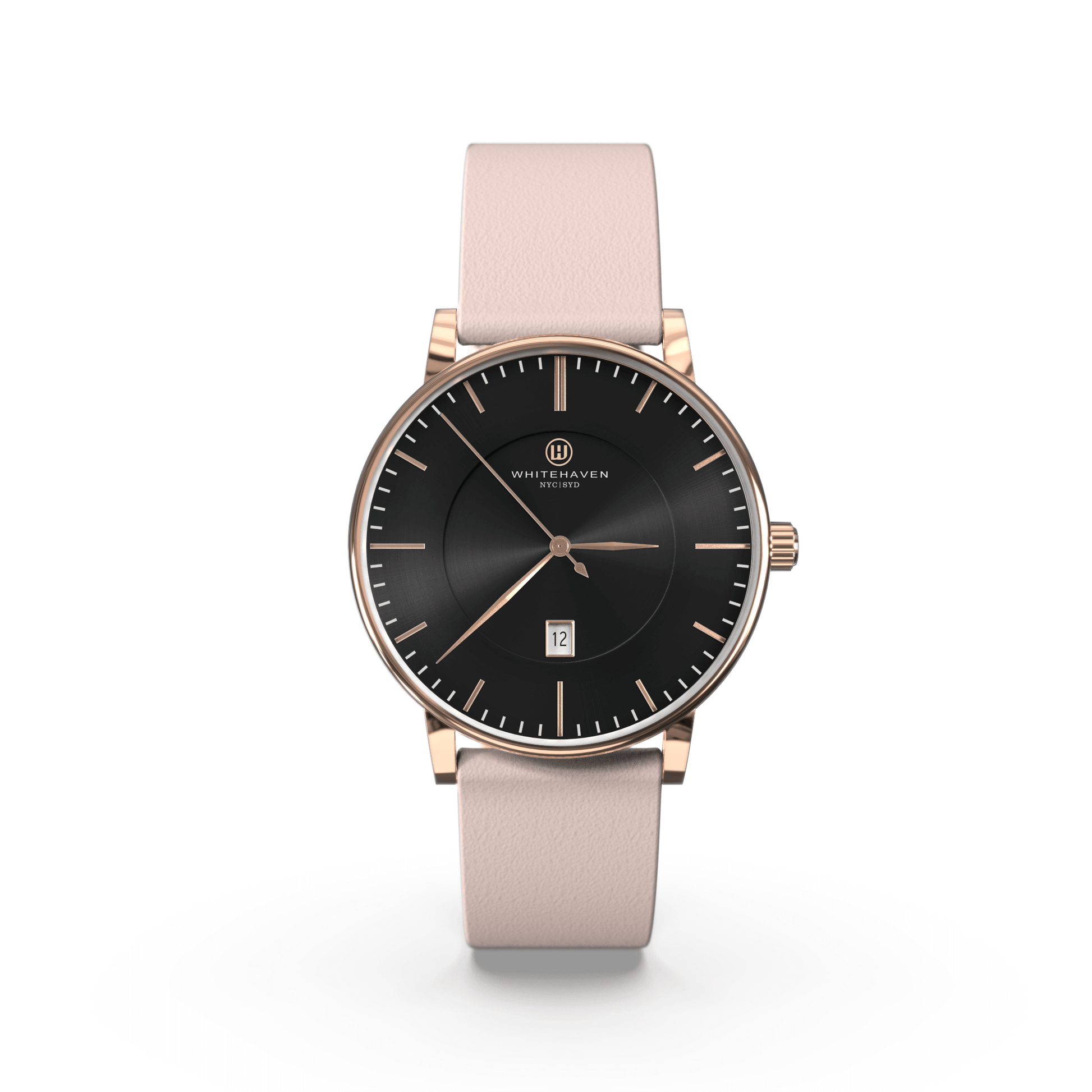 Montre Eldor Whitehaven avec cadran noir, boîtier finition or rose et bracelet en cuir rose pâle — vue de face