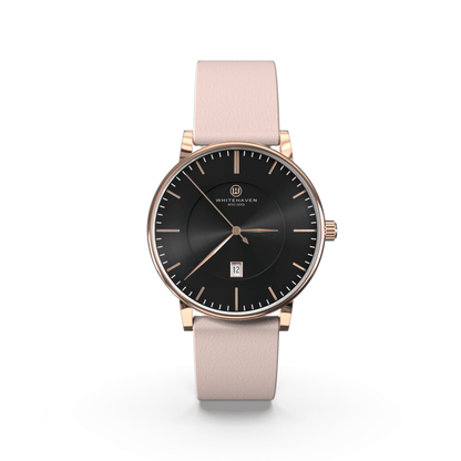Montre Eldor Whitehaven avec cadran noir, boîtier finition or rose et bracelet en cuir rose pâle — vue de face