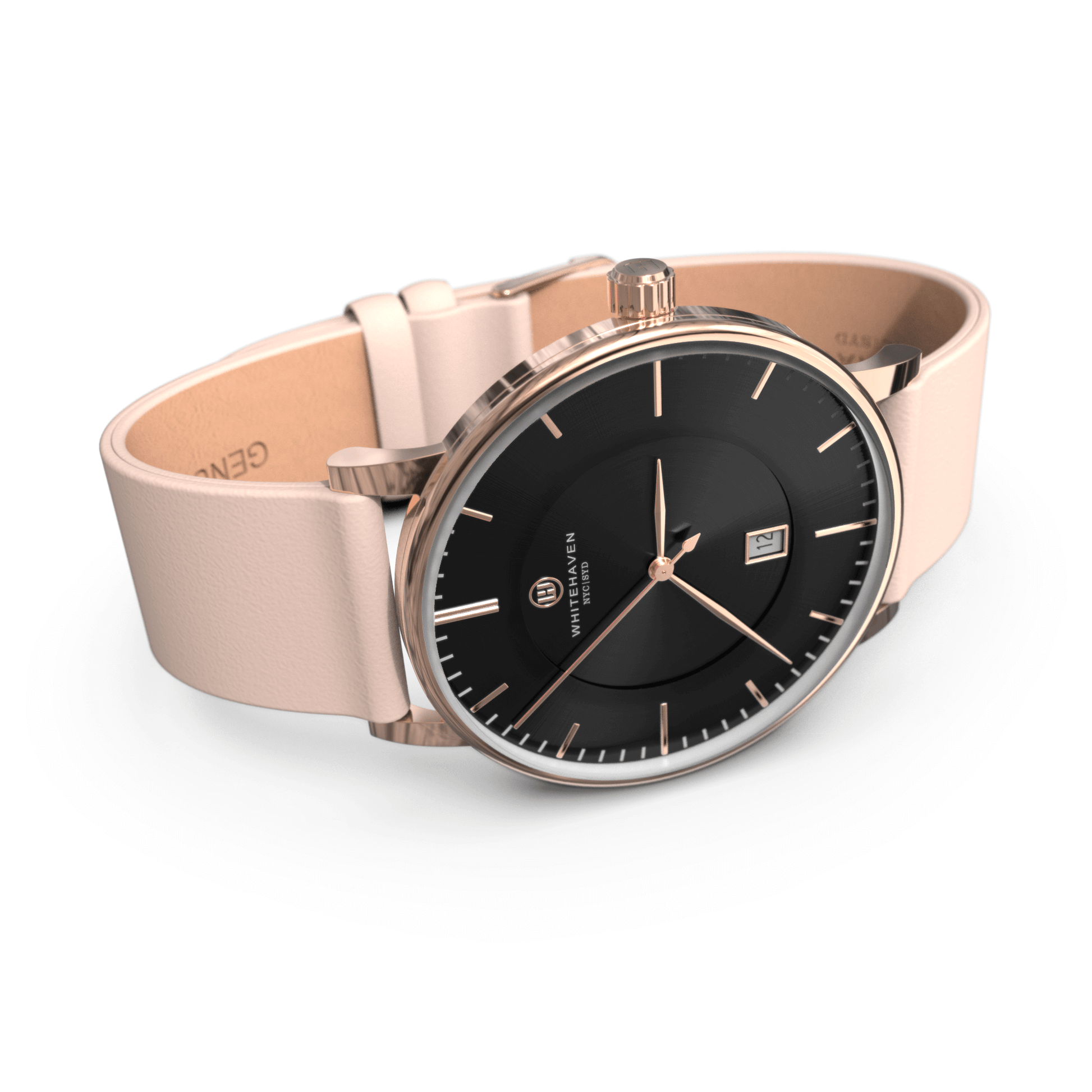 Montre Eldor vue de profil avec boîtier or rose, cadran noir et bracelet en cuir rose pâle — style élégant
