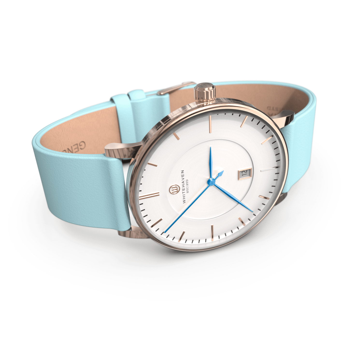 Montre pour femme Whitehaven Darling finition rose gold, cadran blanc et bracelet cuir bleu ciel – angle 3/4