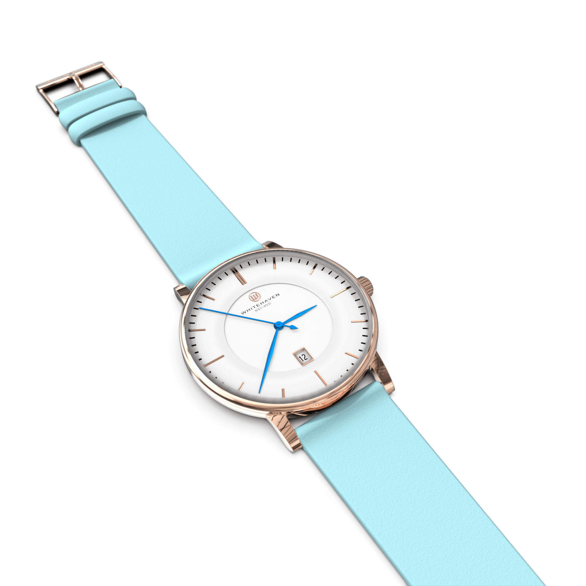 Montre femme Whitehaven Darling avec bracelet en cuir bleu ciel, cadran blanc et boîtier rose gold – vue latérale
